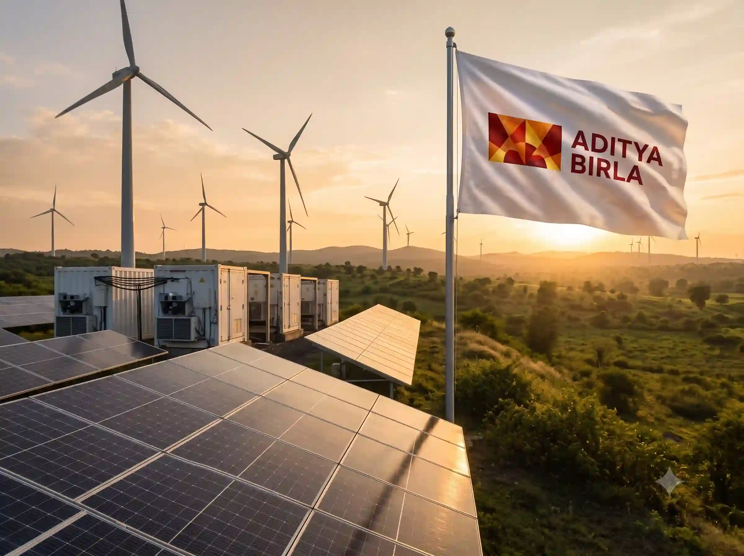 A sweeping array of solar panels and wind turbines on an Indian renewable energy farm.