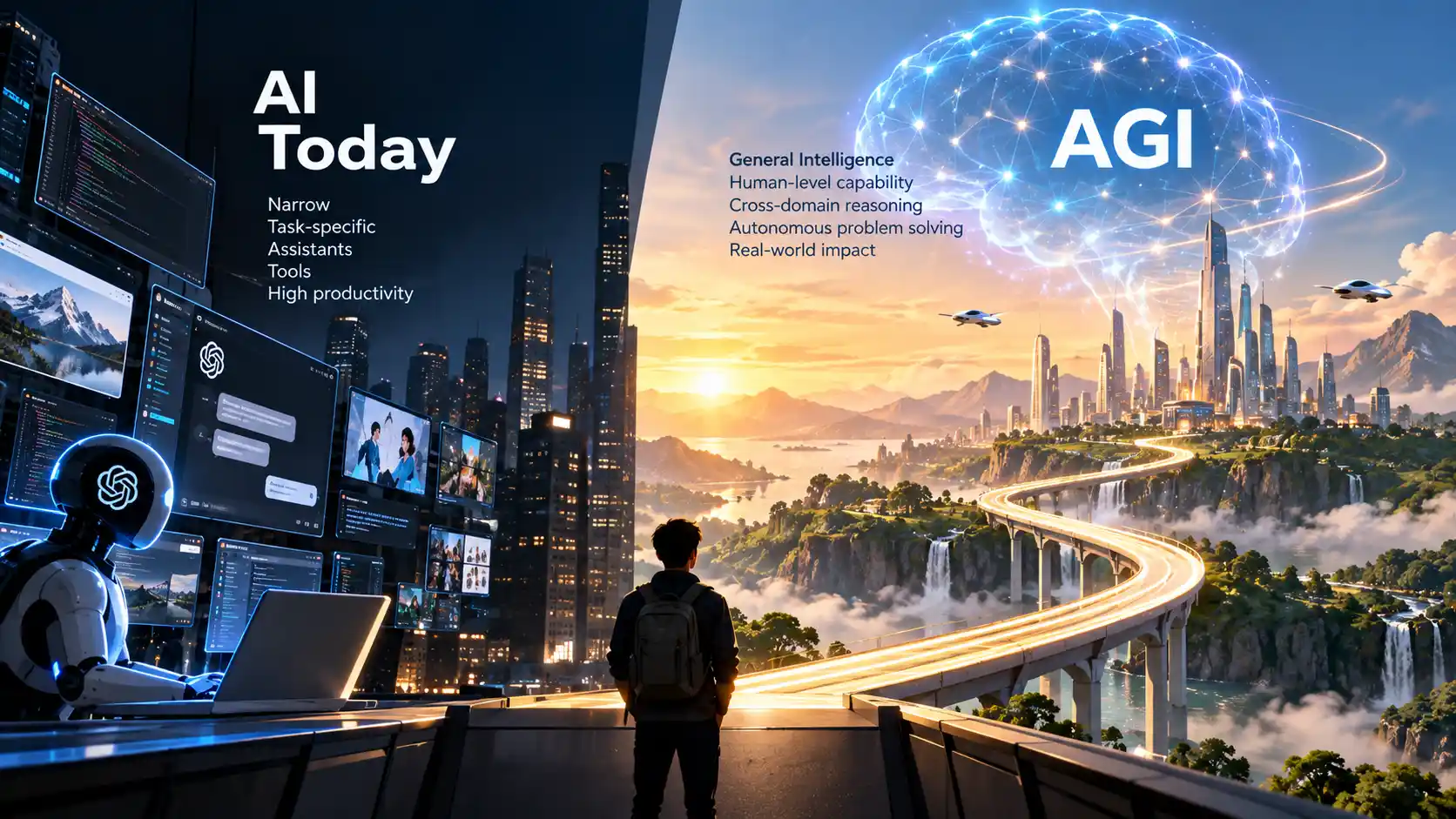 Conceptual comparison between today's specialized frontier artificial intelligence and future artificial general intelligence