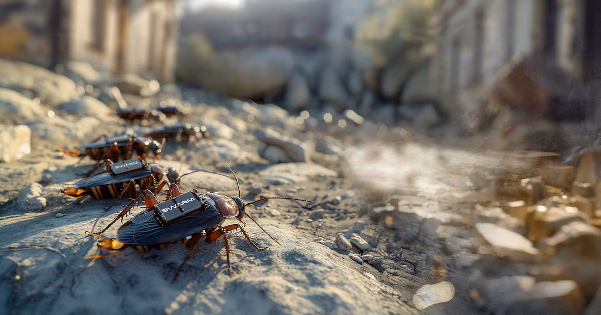 Madagascar hissing cockroach carrying a miniature electronic sensor backpack representing AI-enabled bio-robotic reconnaissance