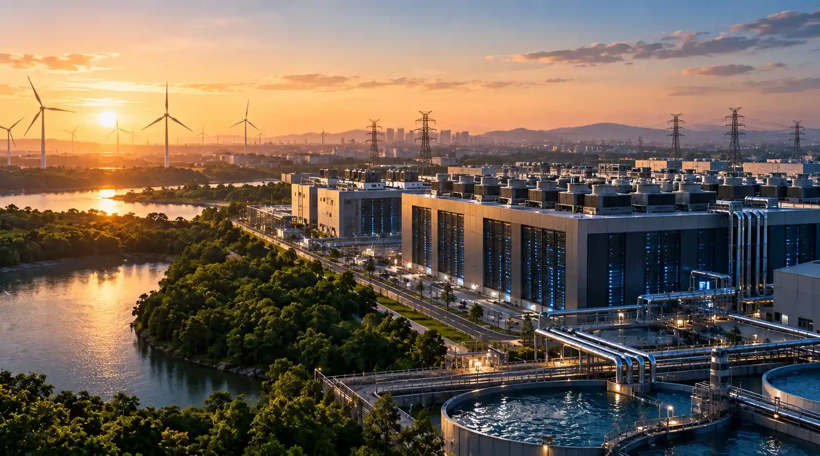 Large AI data center campus connected to power transmission infrastructure, cooling systems and water resources