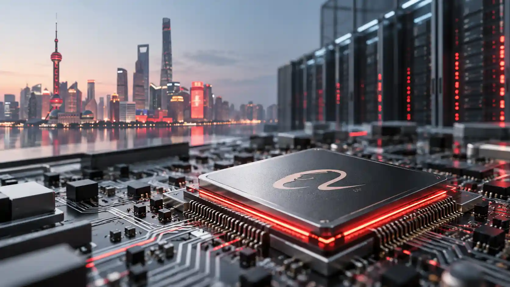 A presentation screen at the Apsara Conference showcasing Alibaba's new Zhenwu V900 AI chip for advanced data-centre computing.