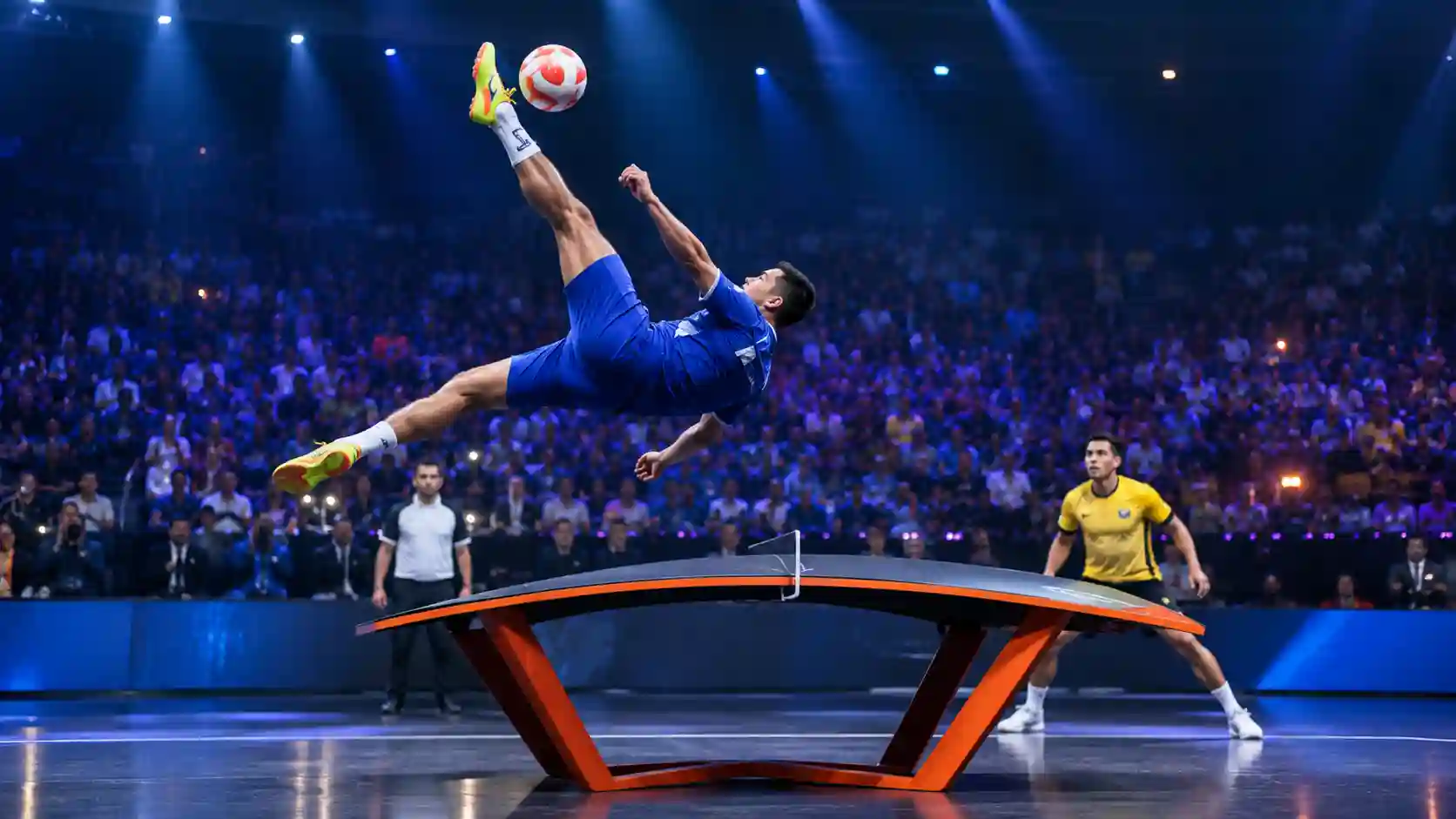 An athlete controlling a football over a curved teqball table