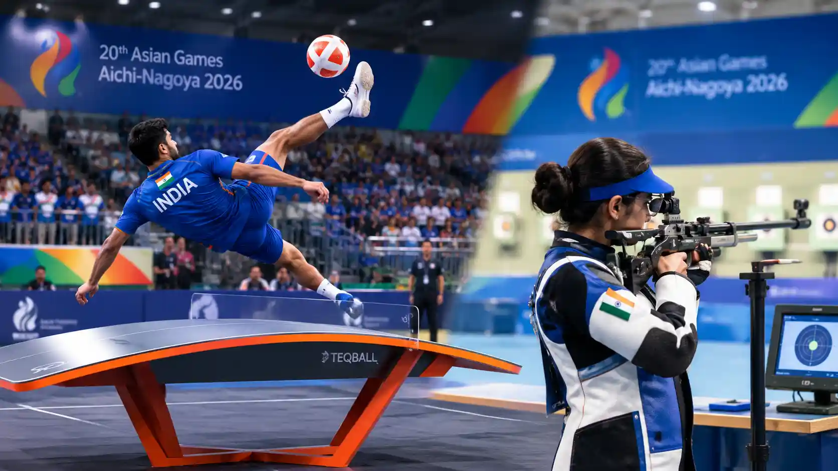An athlete aiming a rifle in competition alongside an athlete preparing to head the ball over a teqball table.