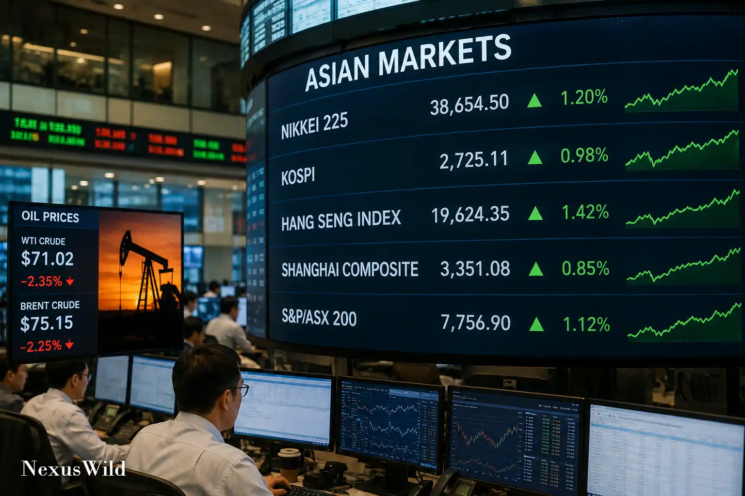 A glowing digital stock market board showing volatile market trends in an Asian financial hub.