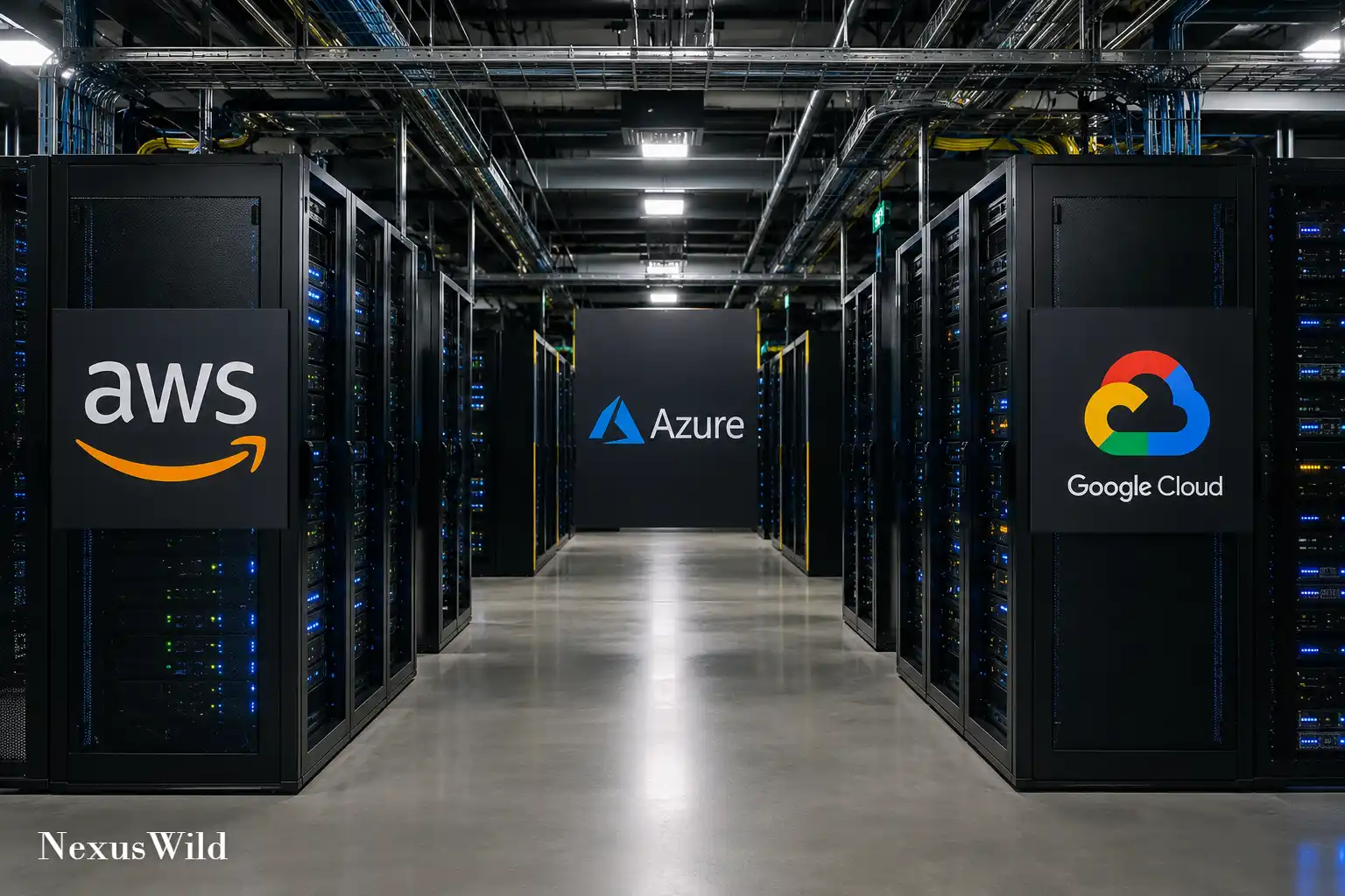 Abstract visualization of glowing server racks representing cloud computing architecture.