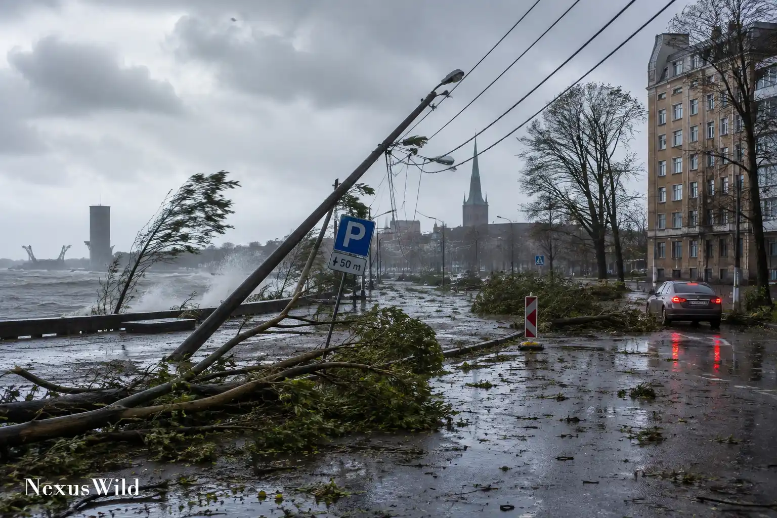 Emergency crews working to clear fallen trees from a road after a severe storm.