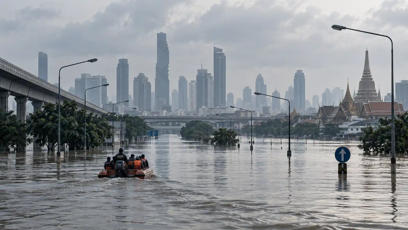 Flooded street in Bangkok with residents wading through water after heavy rain declared a citywide disaster