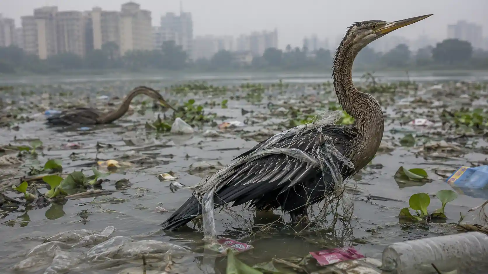 An Indian darter resting near a lake with a piece of discarded plastic mesh caught around its long beak.