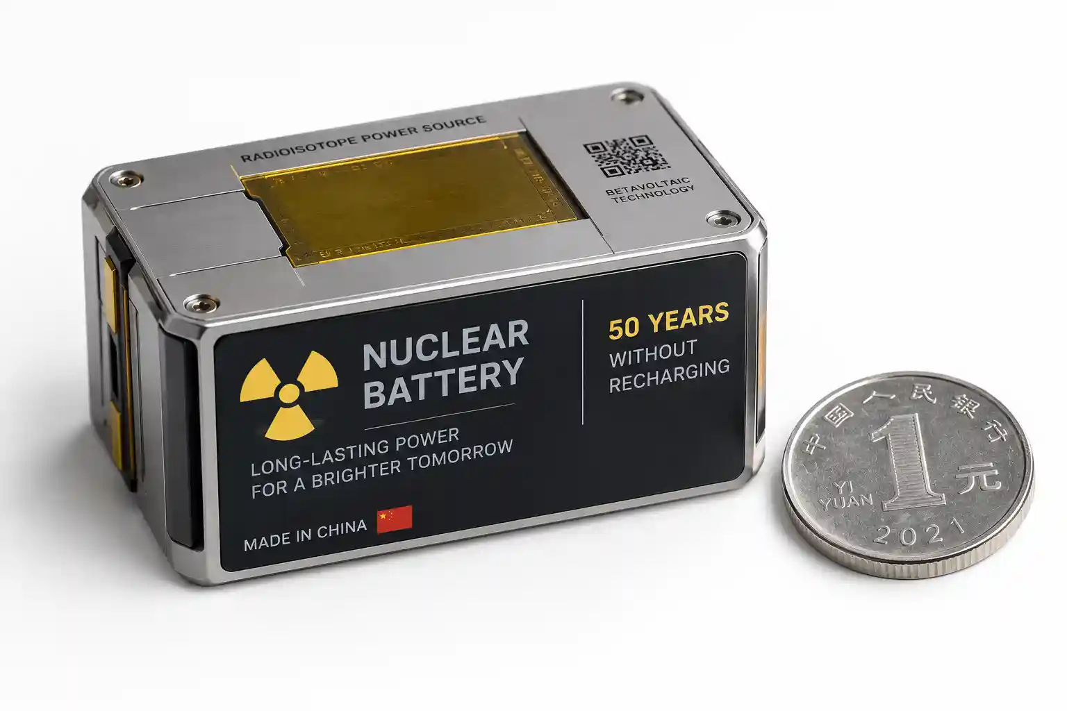A close-up view of the Betavolt BV100 nuclear battery, showcasing its extremely small, coin-like size.