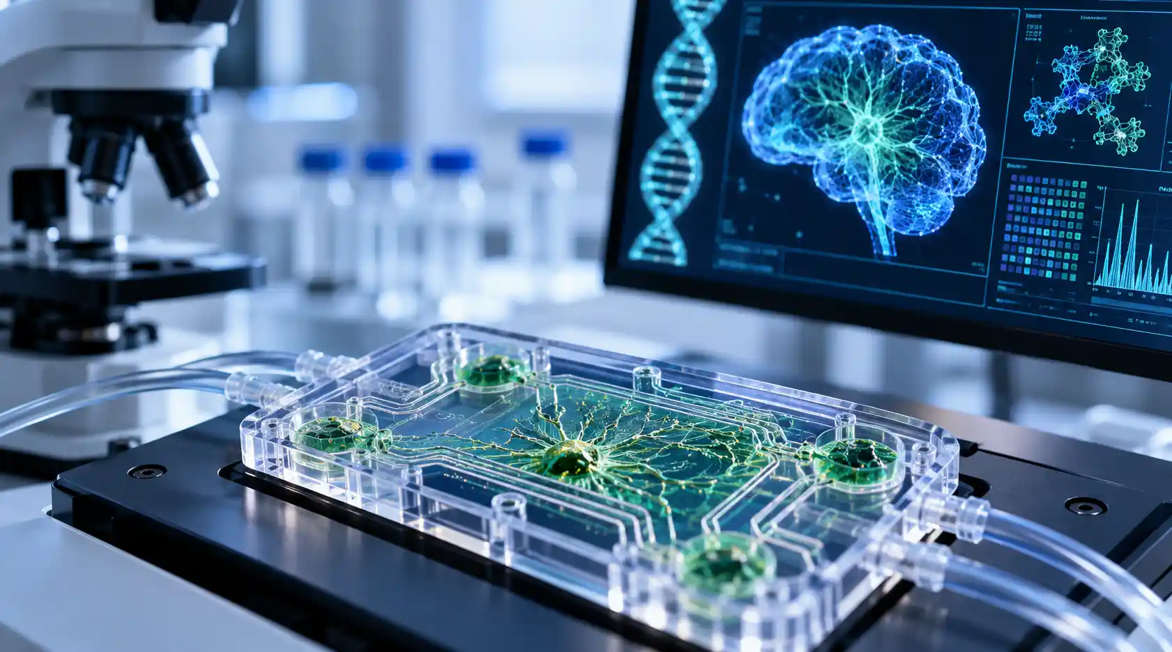 A glowing biohybrid computer chip seamlessly integrating biological neural networks with digital circuitry, representing the future of biocomputing technology.