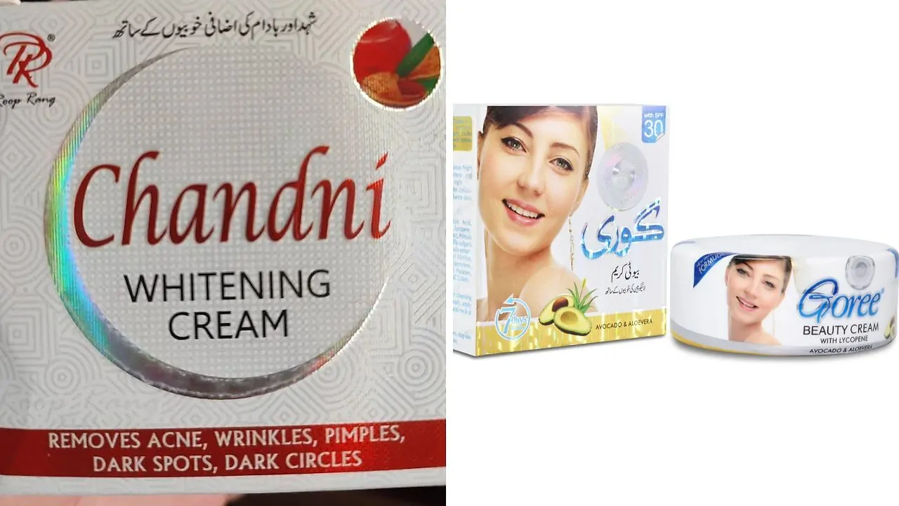 Two cosmetic cream containers under a regulatory warning symbol representing India’s CDSCO alert over unauthorised skin-lightening products