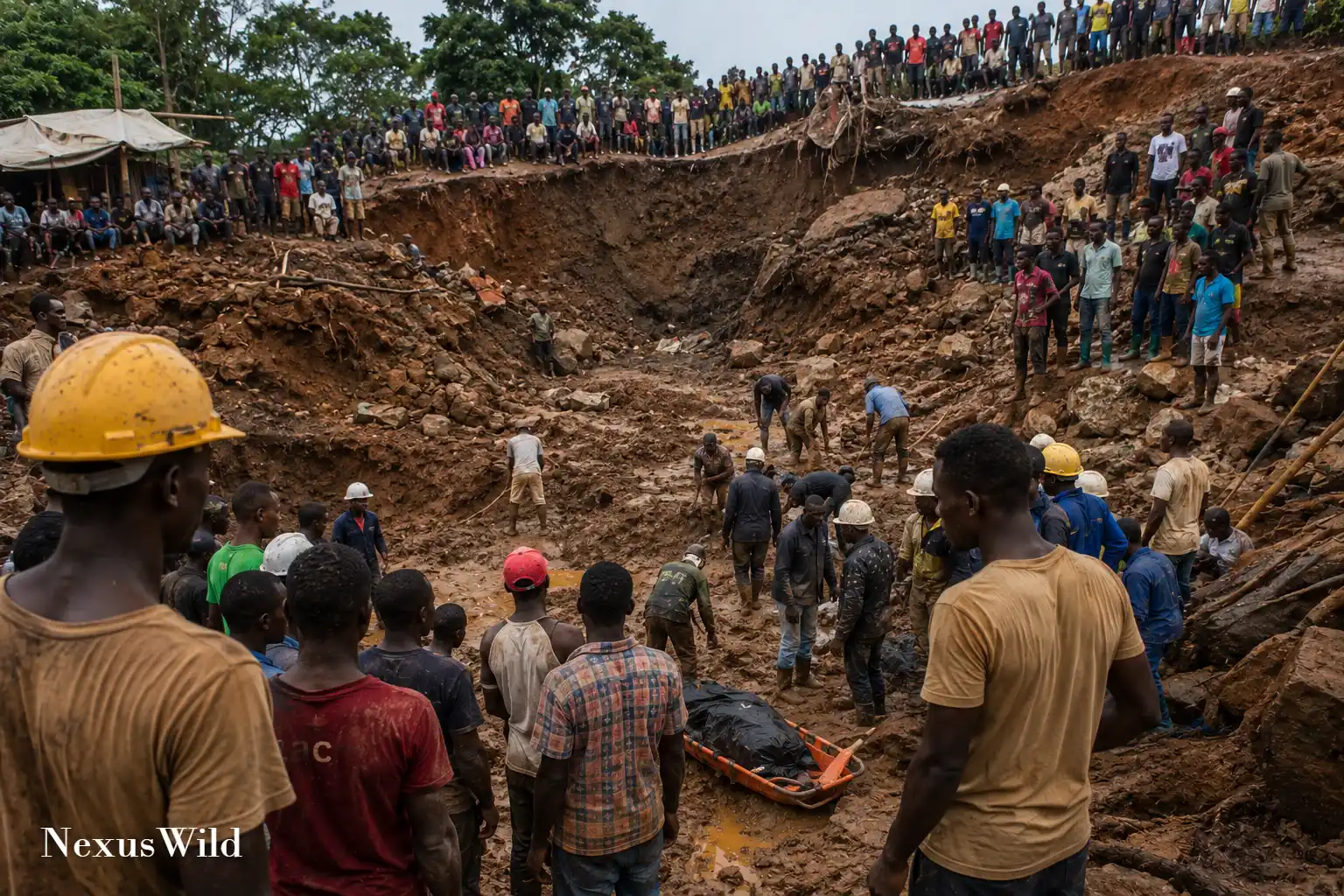 Rescue workers and locals gathered near the site of an artisanal gold mine collapse in the Central African Republic.