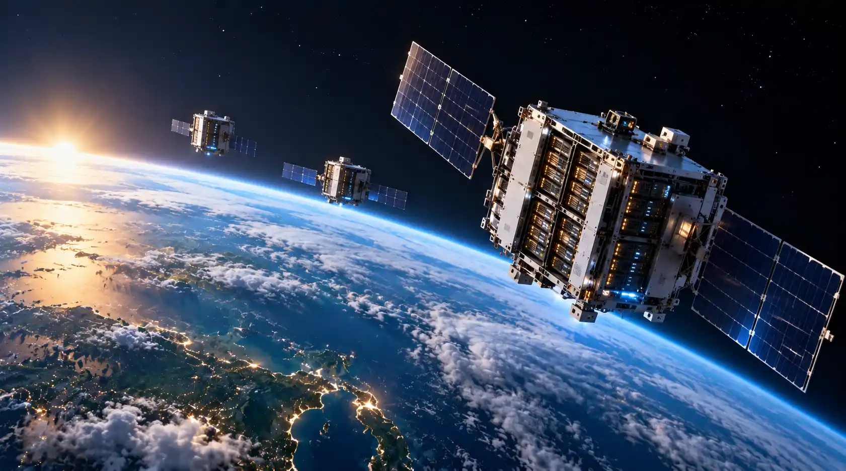 A conceptual rendering of an advanced AI-powered satellite orbiting Earth, analyzing glowing digital data streams before transmitting them to ground stations.