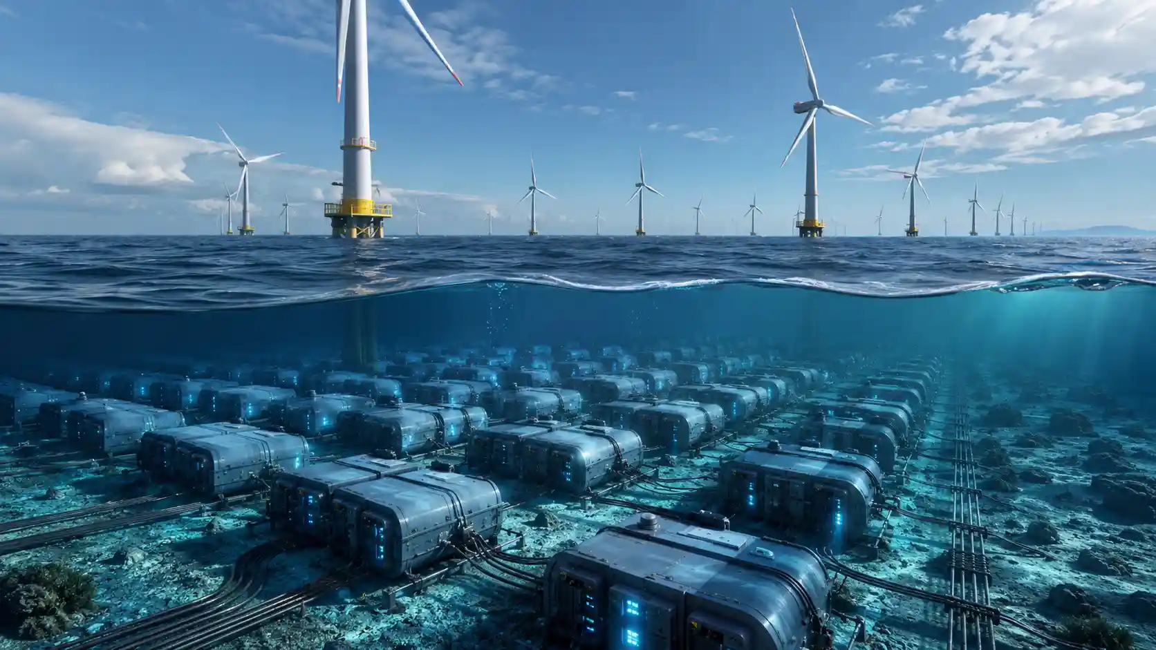A large custom-built underwater data center module being lowered into the ocean.