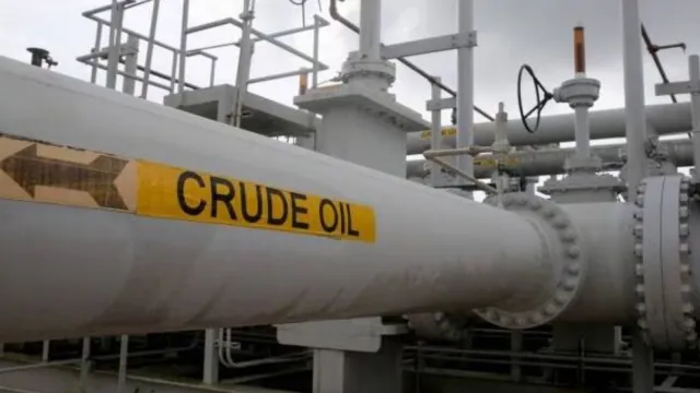 A conceptual illustration of rising financial charts superimposed over an oil refinery.
