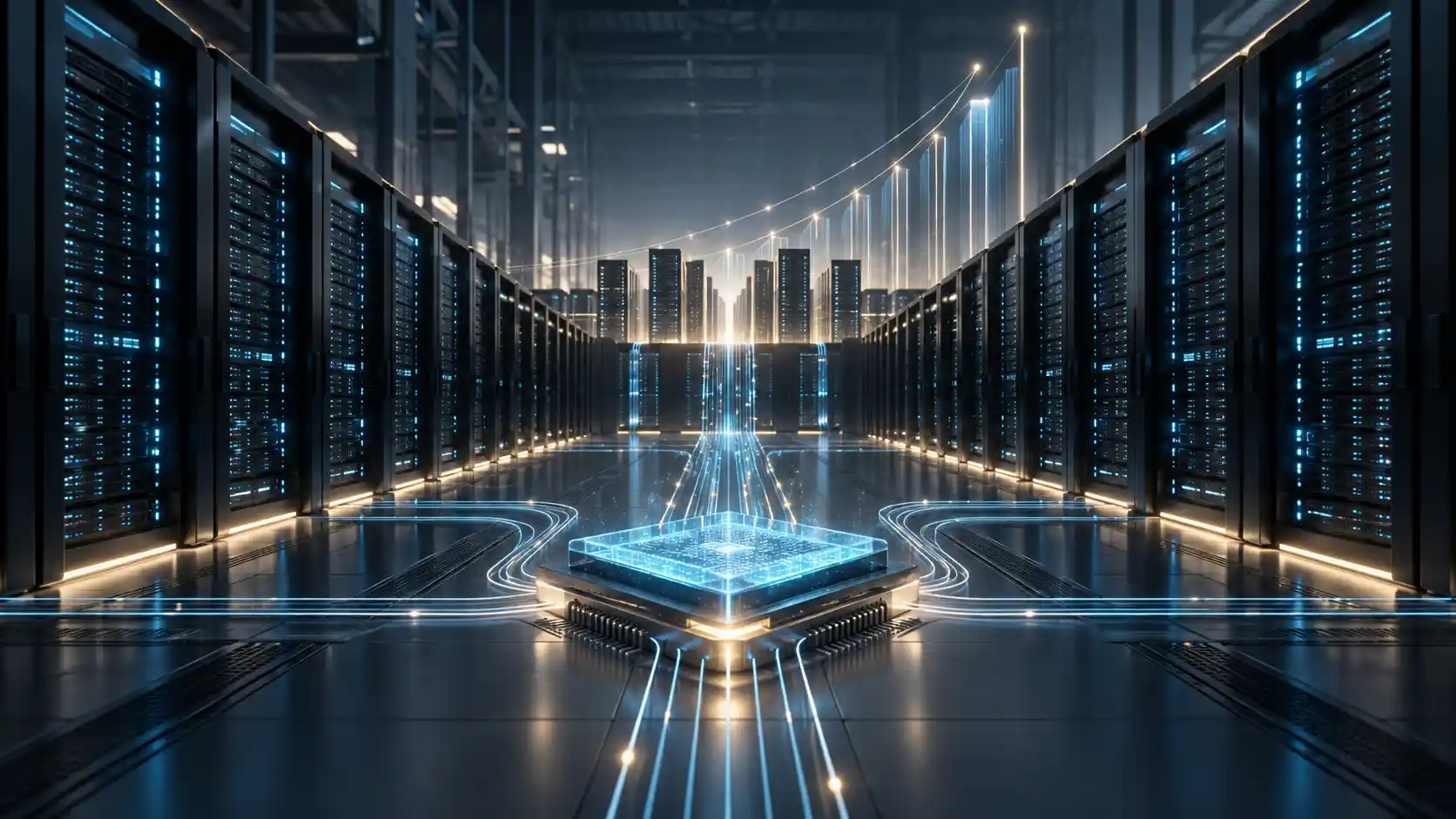 Massive AI data center campus with high-density server halls, power substations, cooling infrastructure and renewable energy
