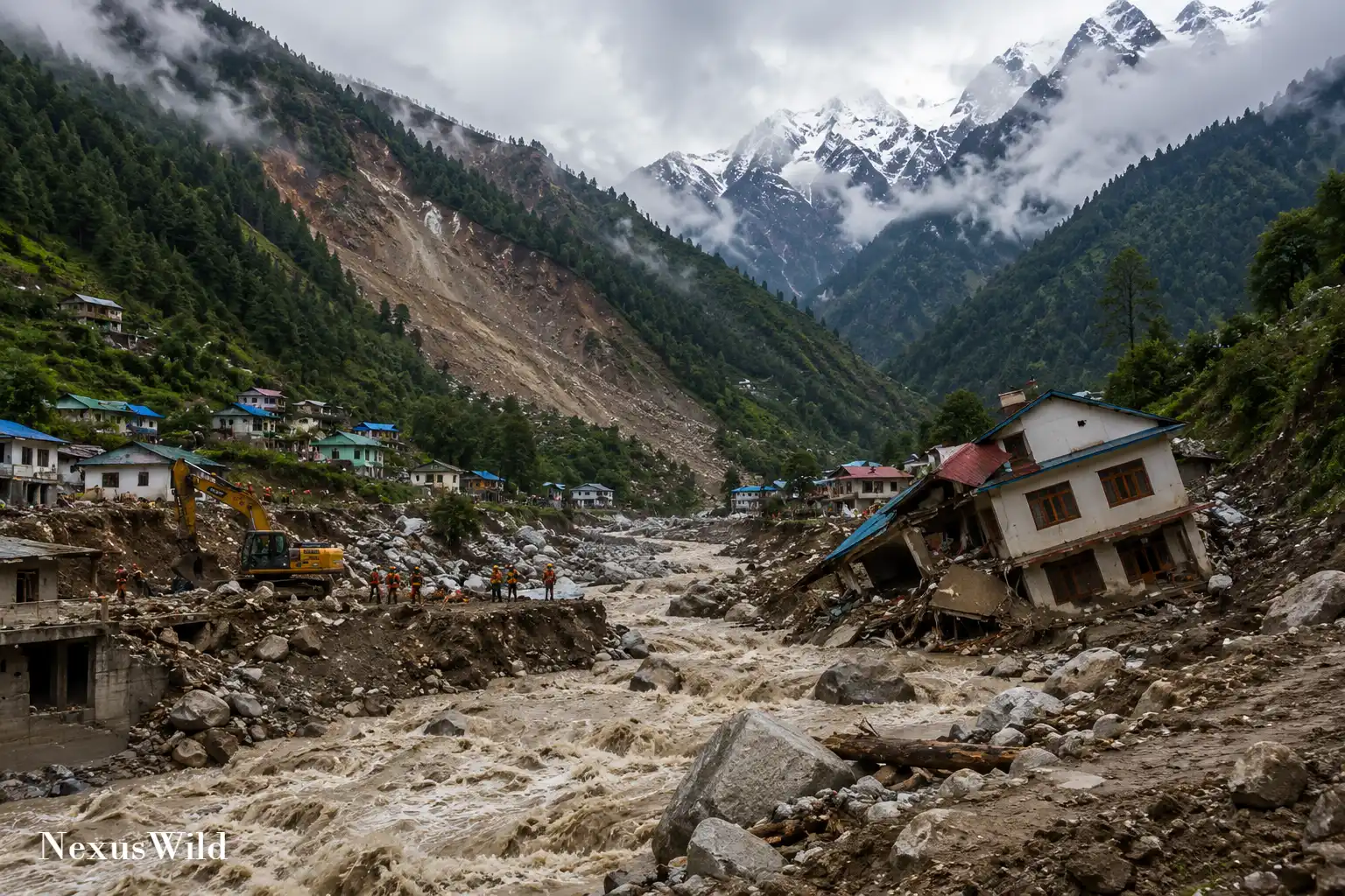 Aerial view of a steep Himalayan river valley showing severe flood and debris damage to infrastructure.