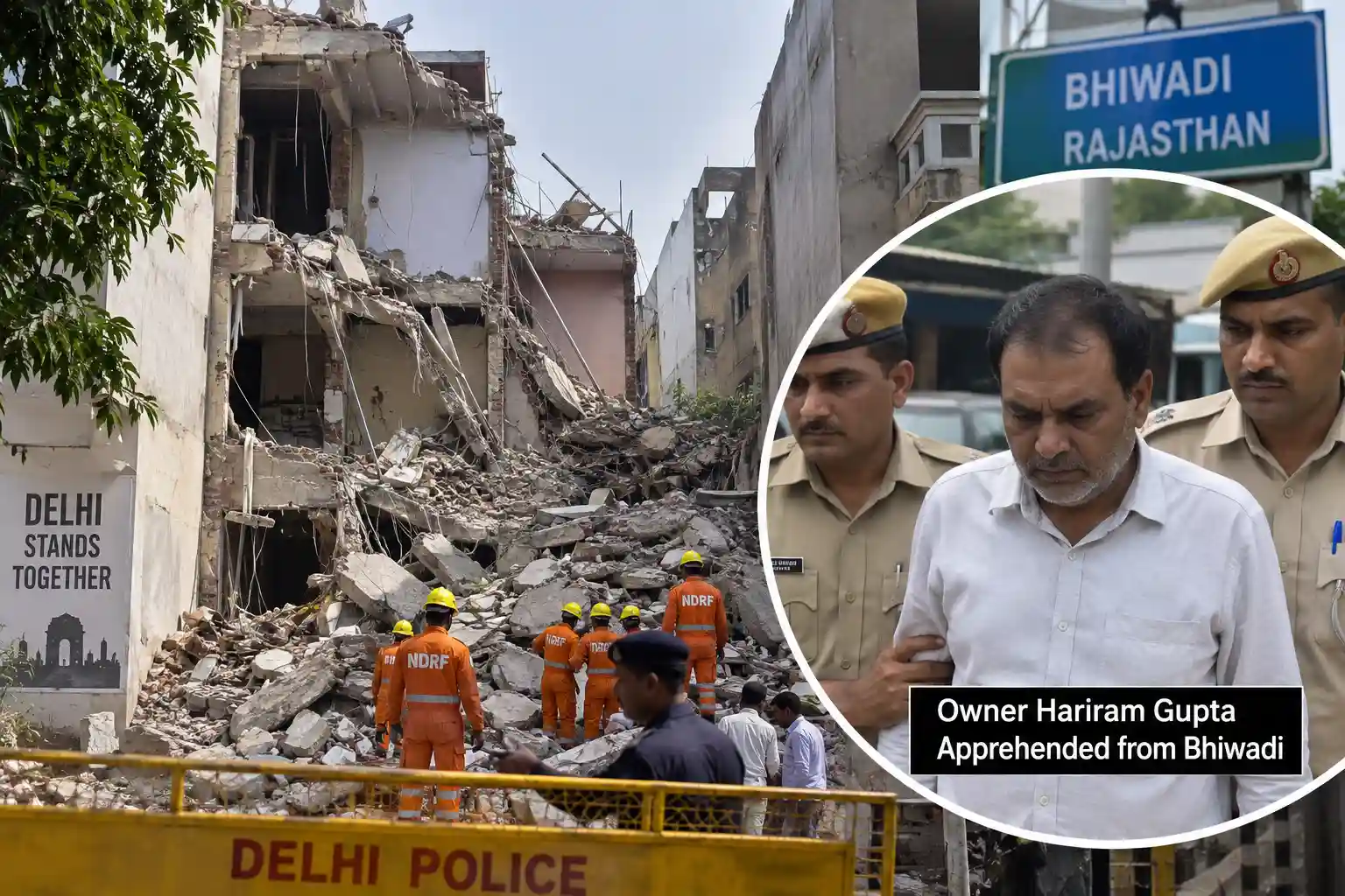 NDRF and Delhi Fire Service personnel conducting rescue operations at the site of the collapsed building in Satya Niketan.