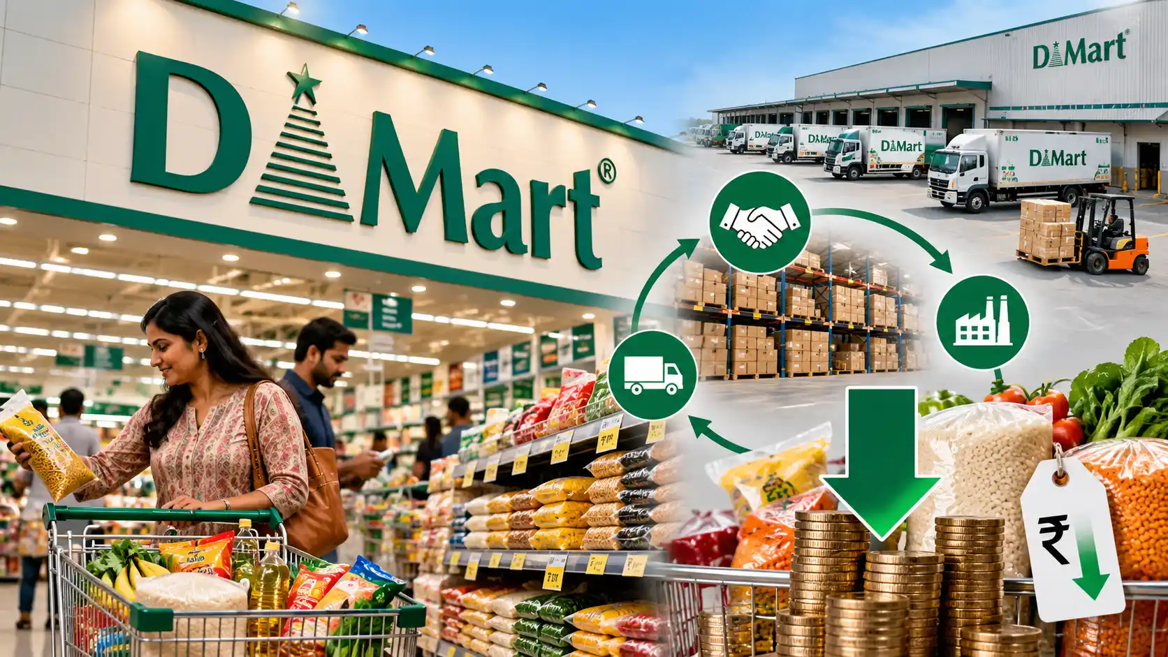 DMart store exterior illustrating the retail chain's low-cost, no-frills business model