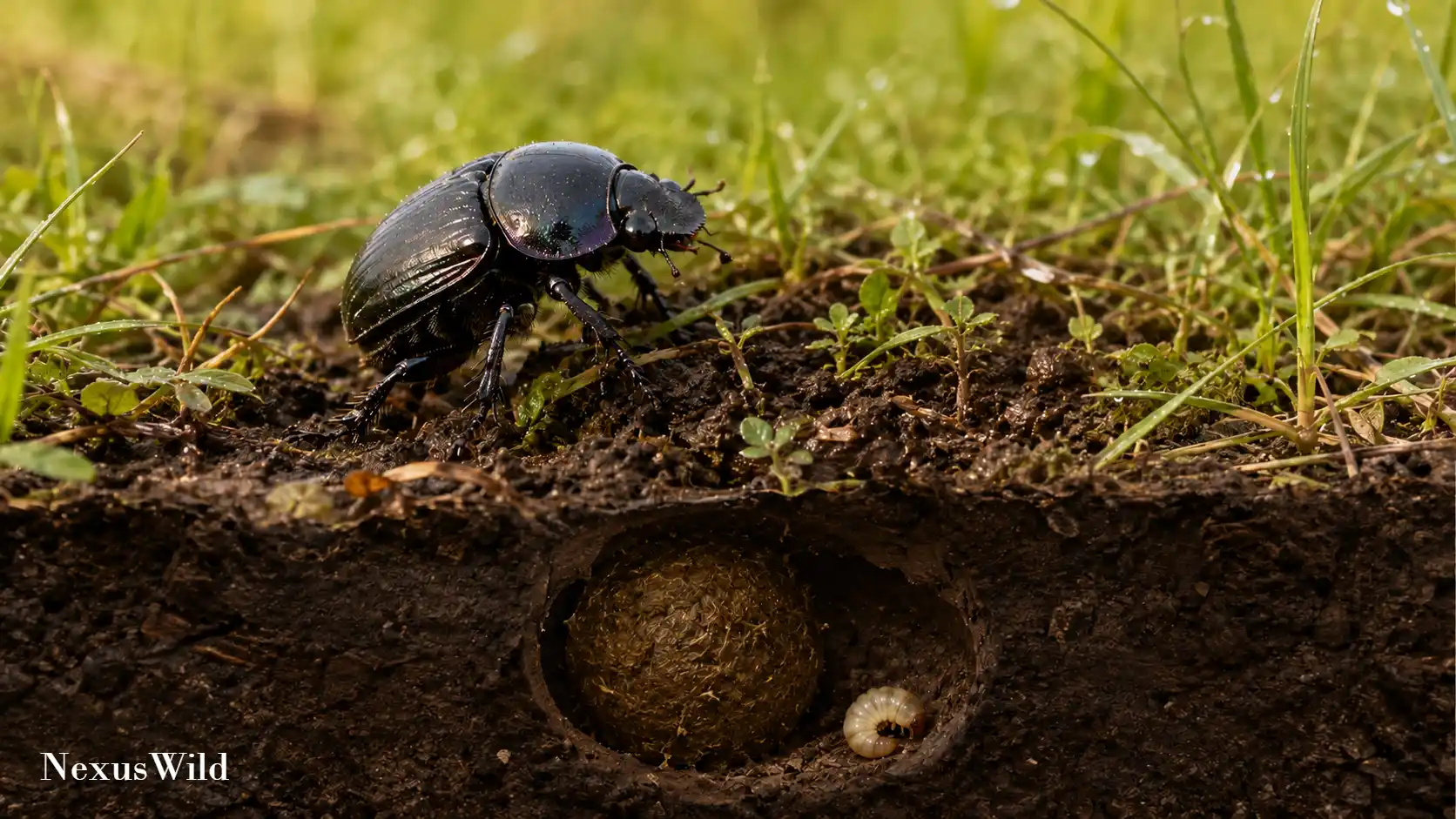 A macro close-up of a dung beetle navigating through soil and organic matter.