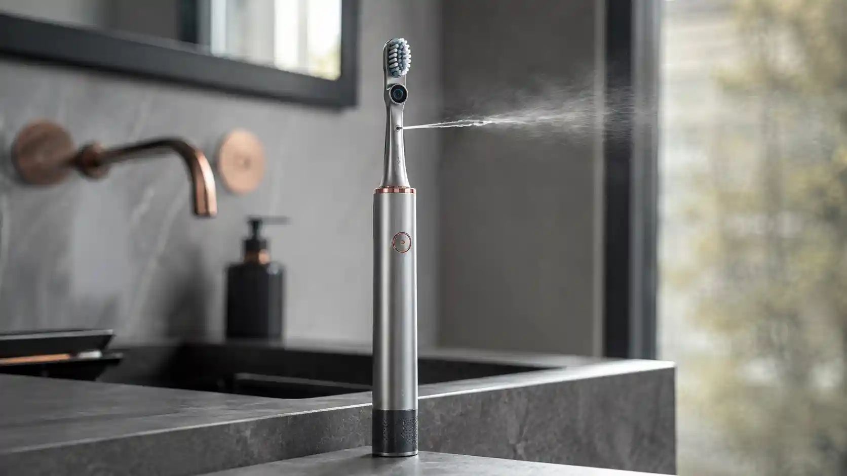 The Dyson CameraJet electric toothbrush next to its charging dock and proprietary mouthrinse.