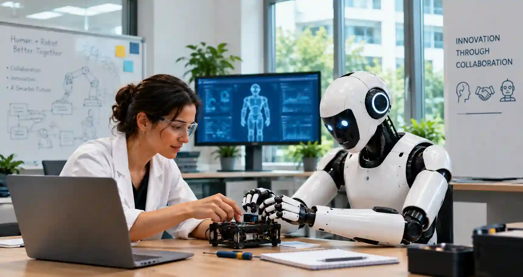 Human engineer working beside an intelligent robotic manipulator in a research laboratory focused on embodied artificial intelligence