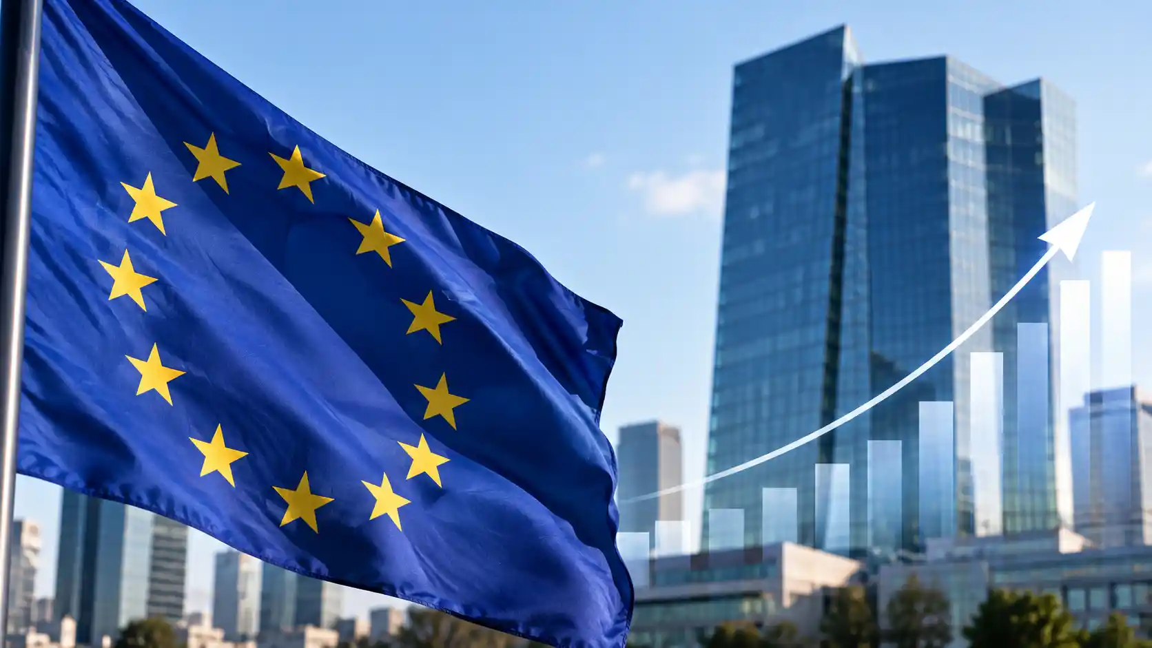 Business professionals walking past a modern European financial institution, representing accelerating eurozone business activity and economic growth.