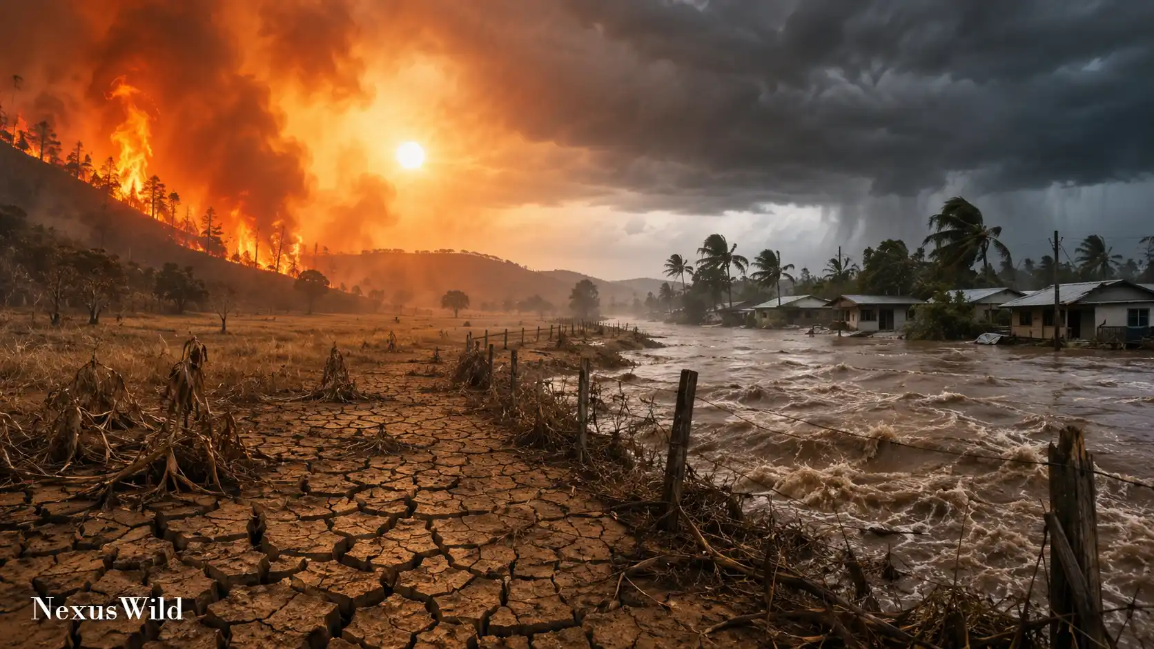 A collage showing a dried riverbed, a large wildfire, and urban flooding.