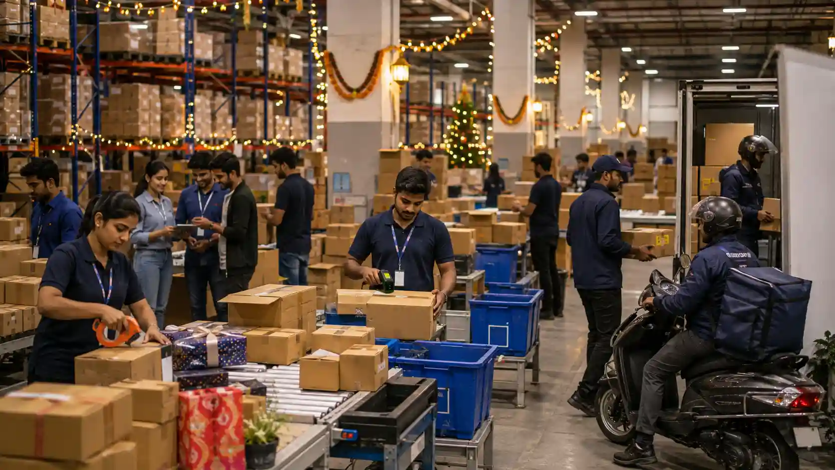 Warehouse workers sorting packages and managing inventory during a busy shift.