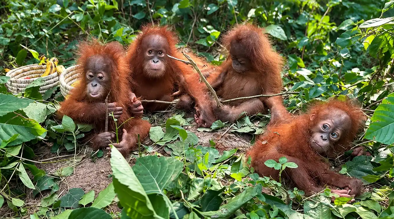 Five juvenile orangutans resting together in dense green forest vegetation after their rescue in Odisha