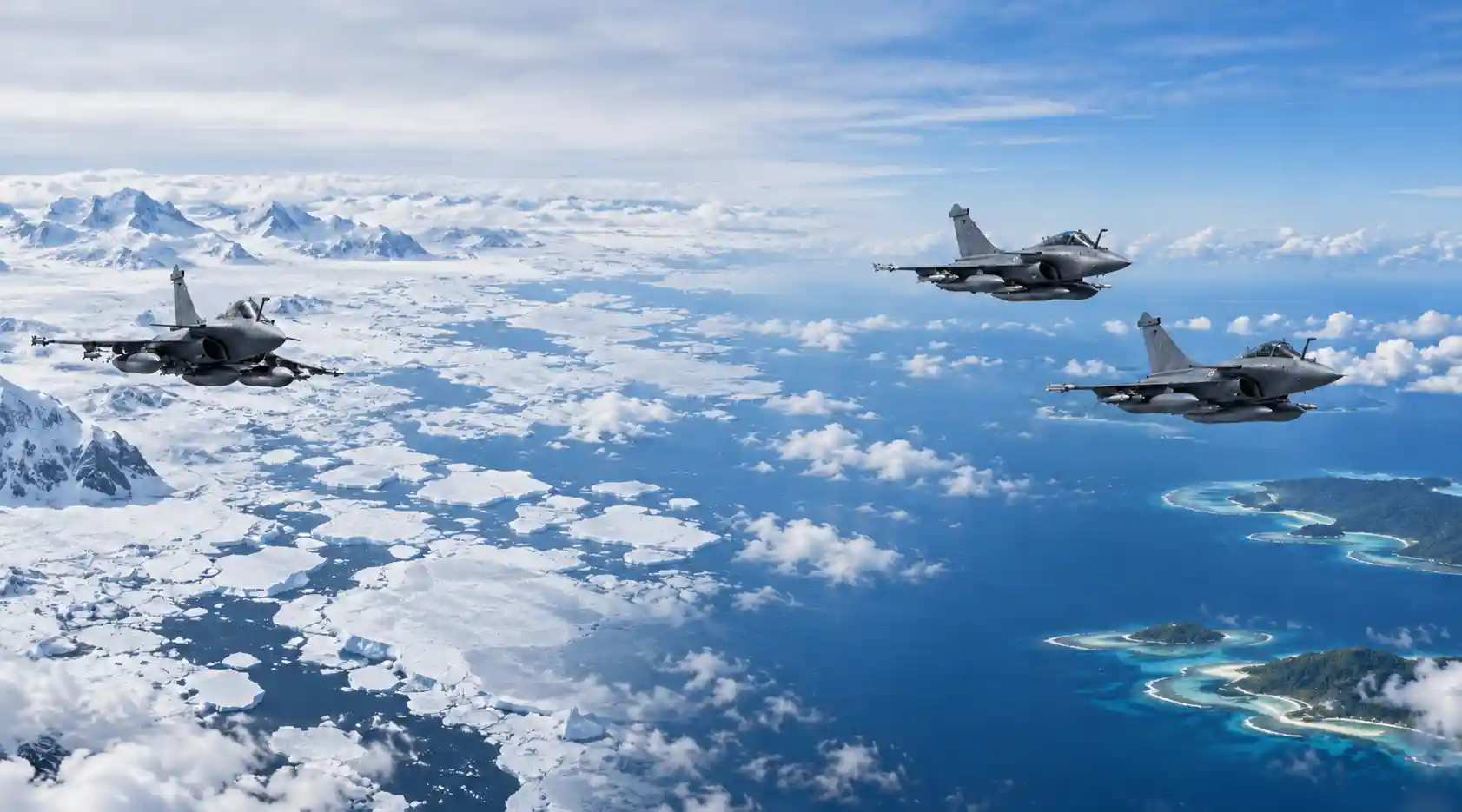 French Rafale fighter jets flying alongside an A330 MRTT tanker during a long-range air power deployment