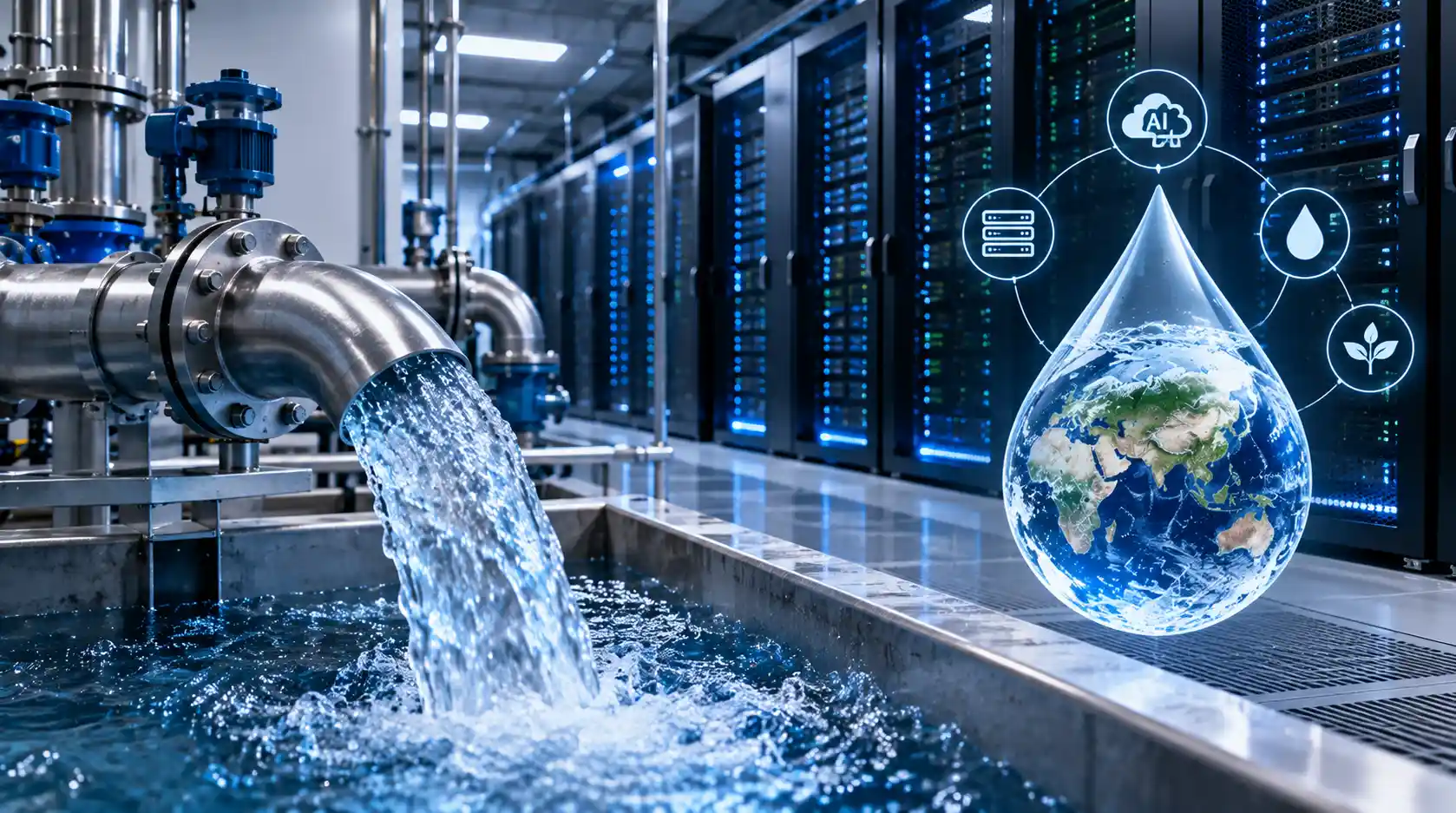 Rows of high-density AI servers in a data center connected to cooling pipes and water infrastructure
