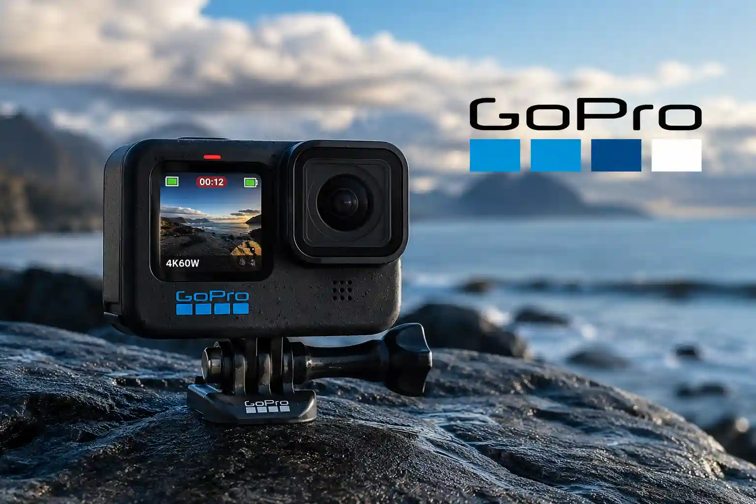 A GoPro action camera positioned next to advanced optical networking components.