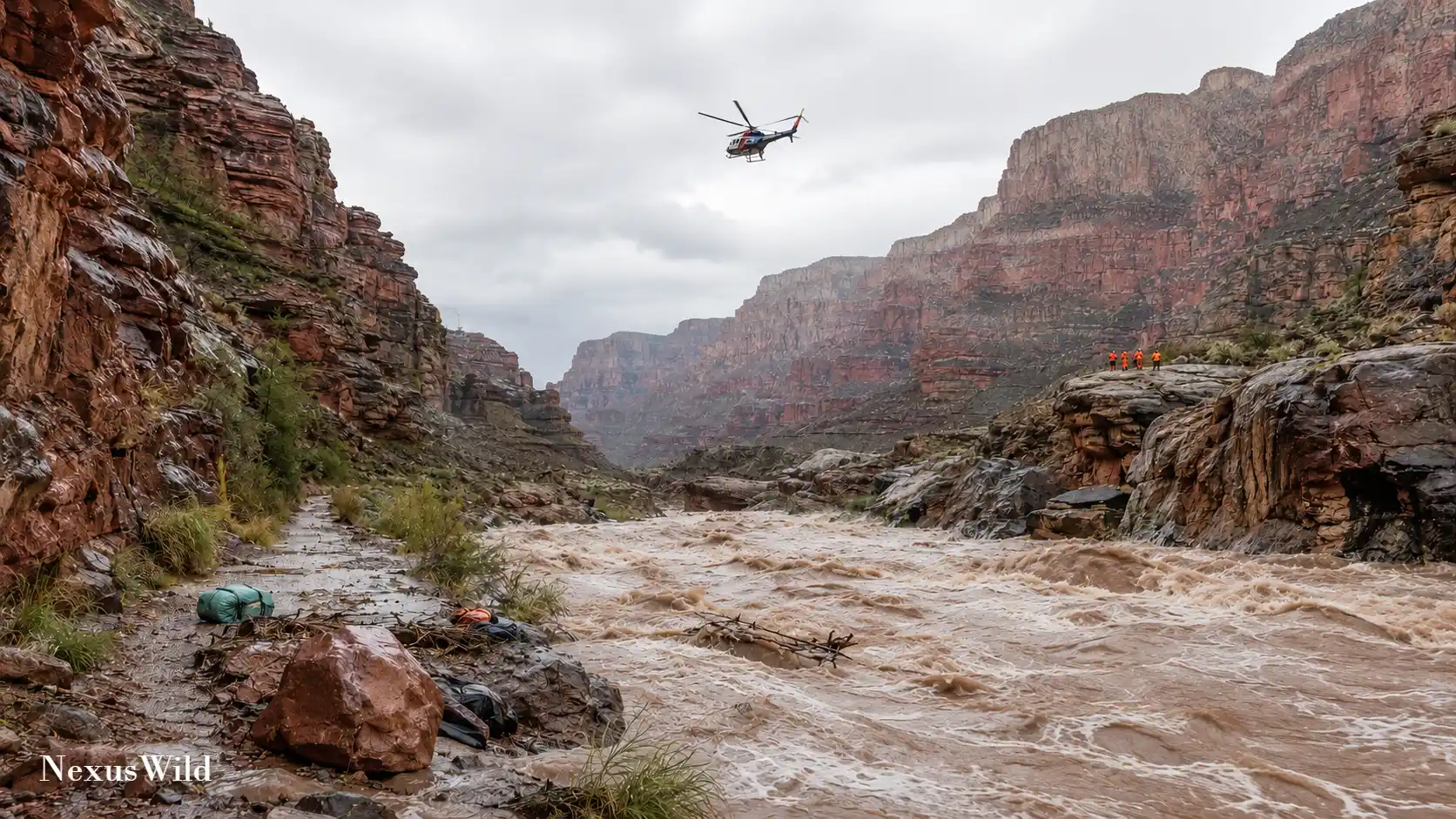 Flash flood damage near the Phantom Ranger Station entrance in the Grand Canyon, showing thick mud and debris covering the landscape.