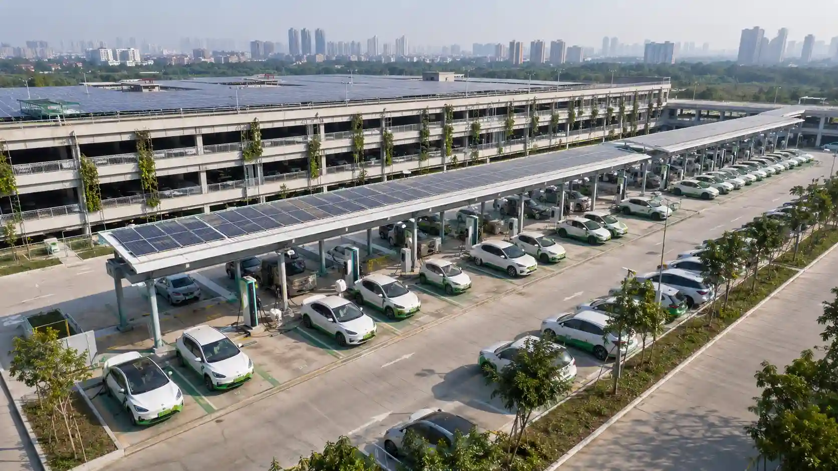 A row of electric vehicles parked in an underground basement parking facility.