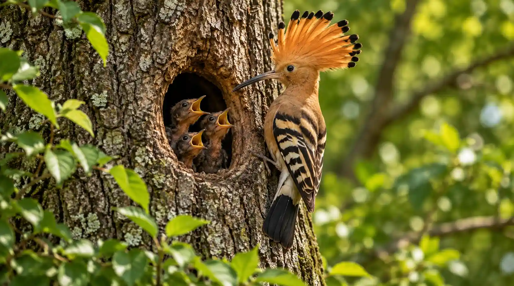 A Eurasian hoopoe foraging in the grass, displaying its distinctive crest and black-and-white-striped wings.