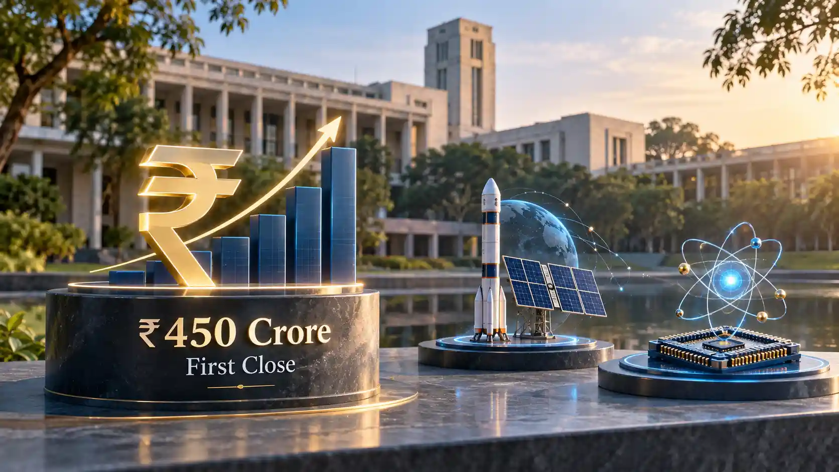 Scientists and engine.webpers working in a modern deep-tech laboratory, representing IIT Madras's push into space, quantum, and battery innovation.