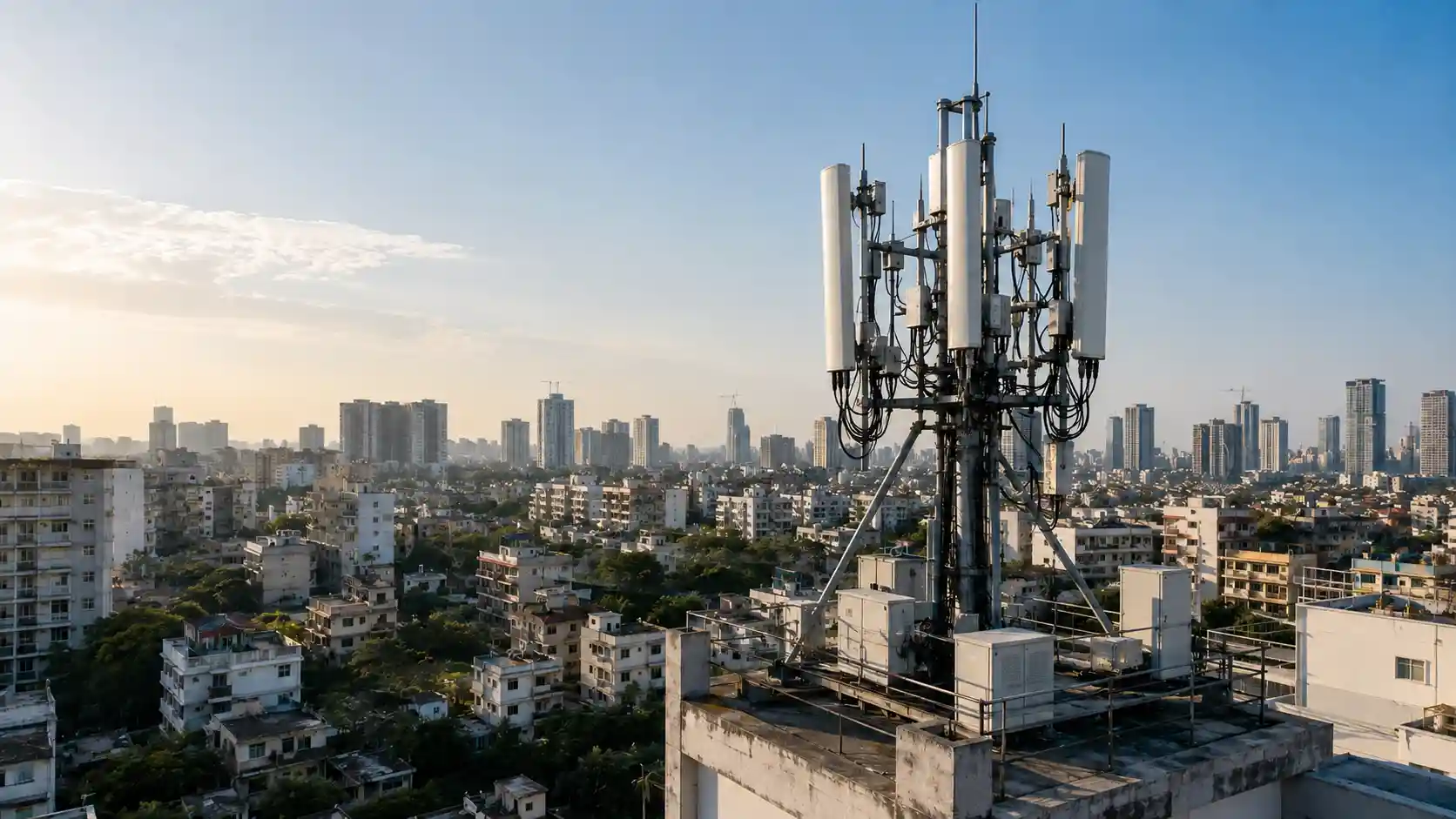 A telecommunications tower with multiple 5G antennas silhouetted against the sky.