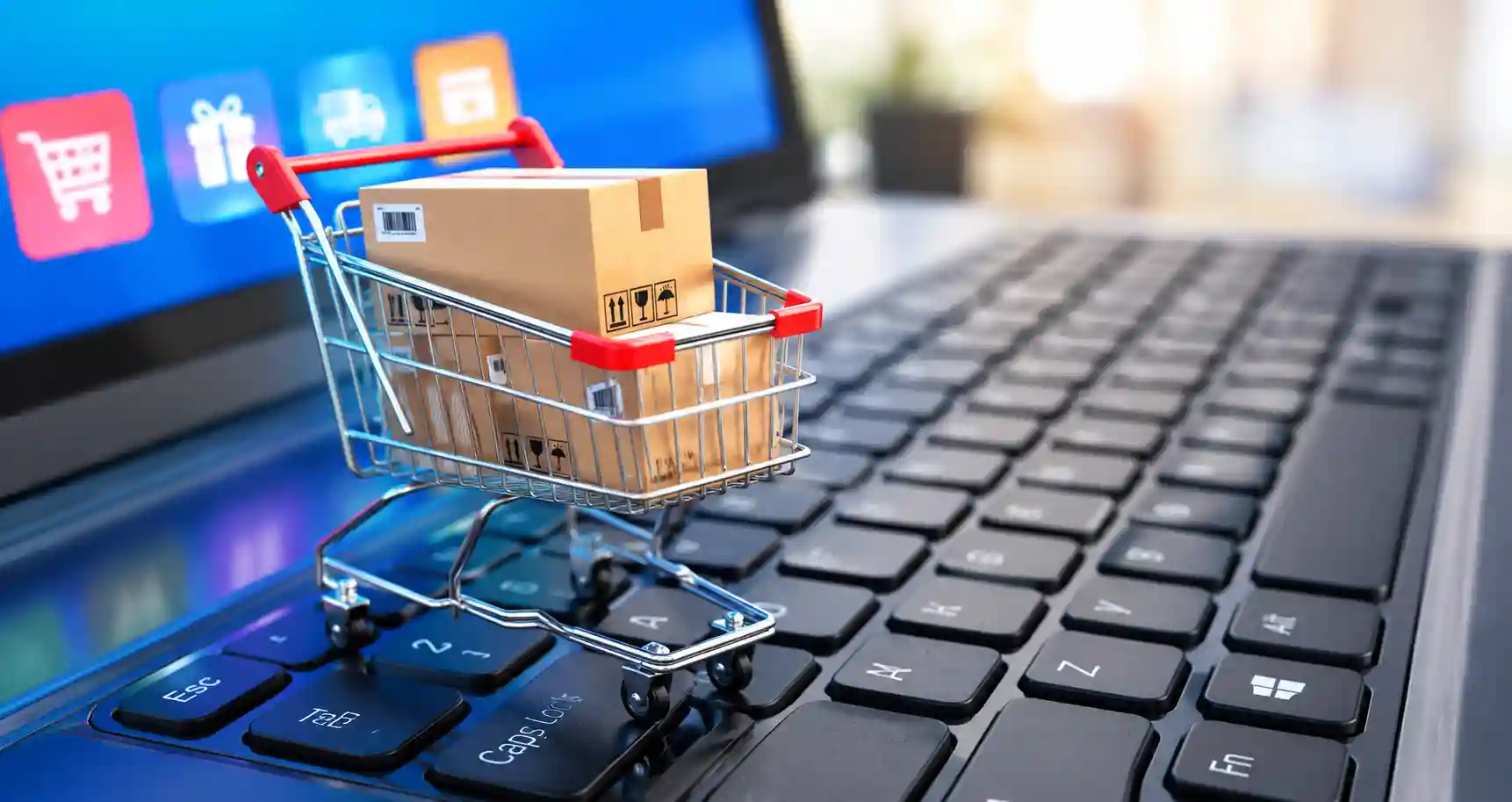 A conceptual image showing an online shopping cart overlapping with a legal regulatory document and a compliance stamp.
