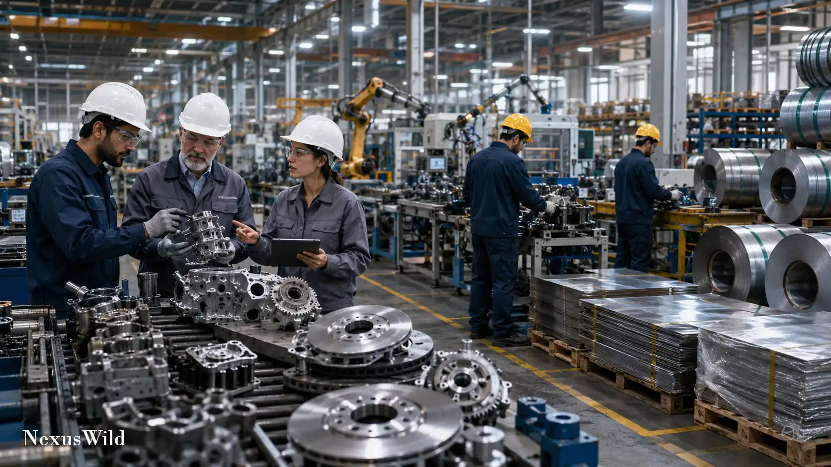 Workers operating machinery on an automotive component manufacturing line in India.