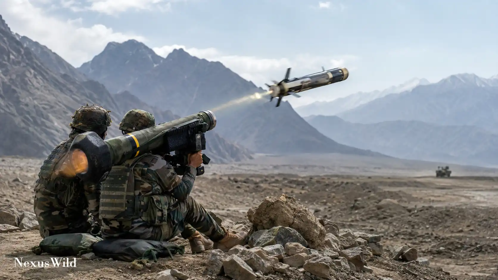 A soldier aiming a Javelin anti-tank guided missile system.