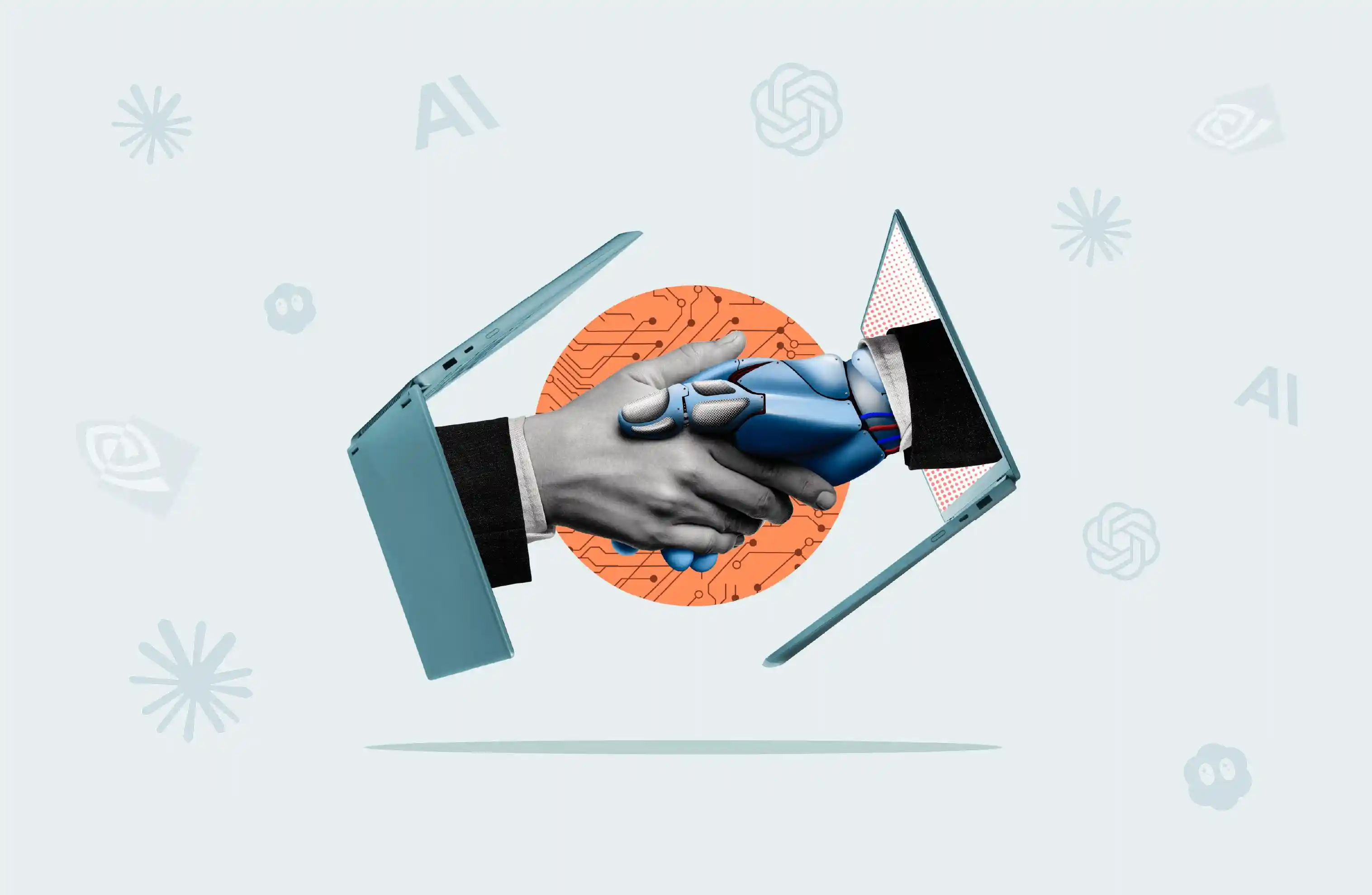 A modern corporate office setting with futuristic digital AI data visualizations and network nodes.