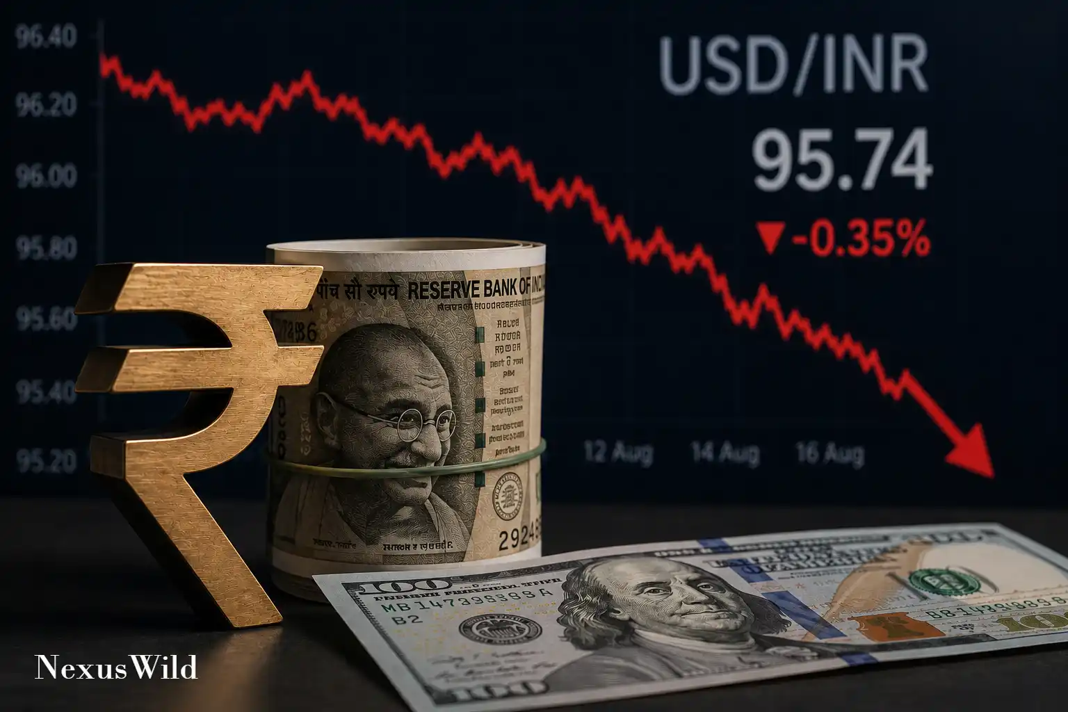 Close up of Indian Rupee banknotes alongside US Dollar bills.