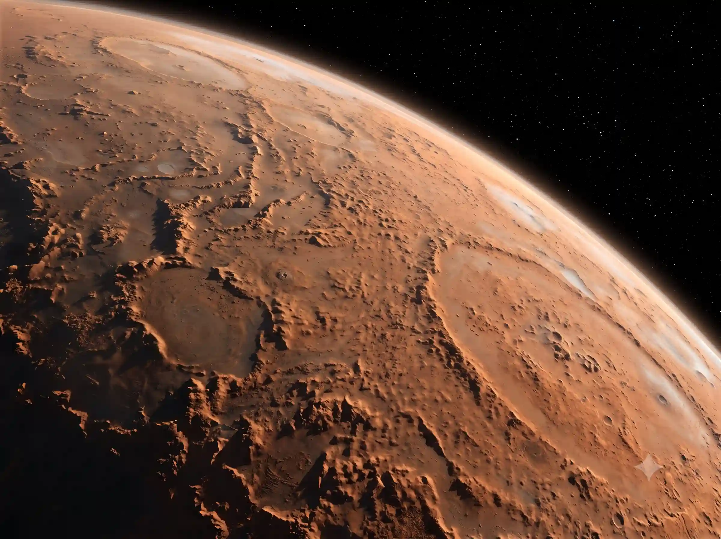 An orbital perspective view of the red, cratered surface and thin atmospheric haze of Mars.