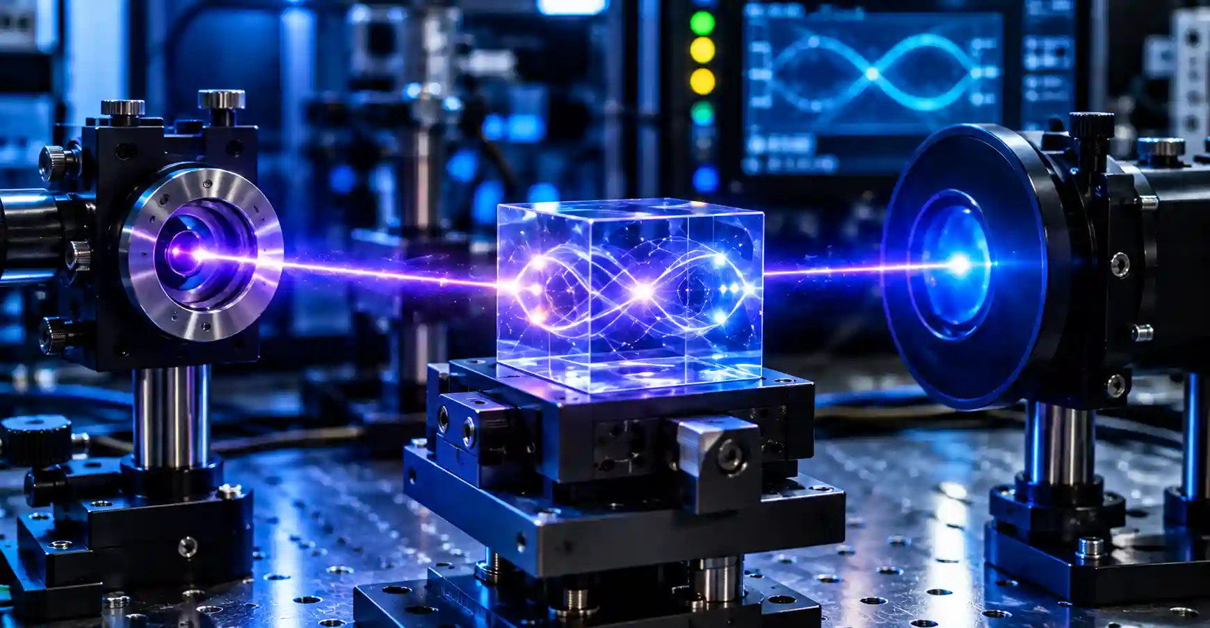 An optical laboratory table with lasers, mirrors, and waveplates demonstrating quantum optics experiments.