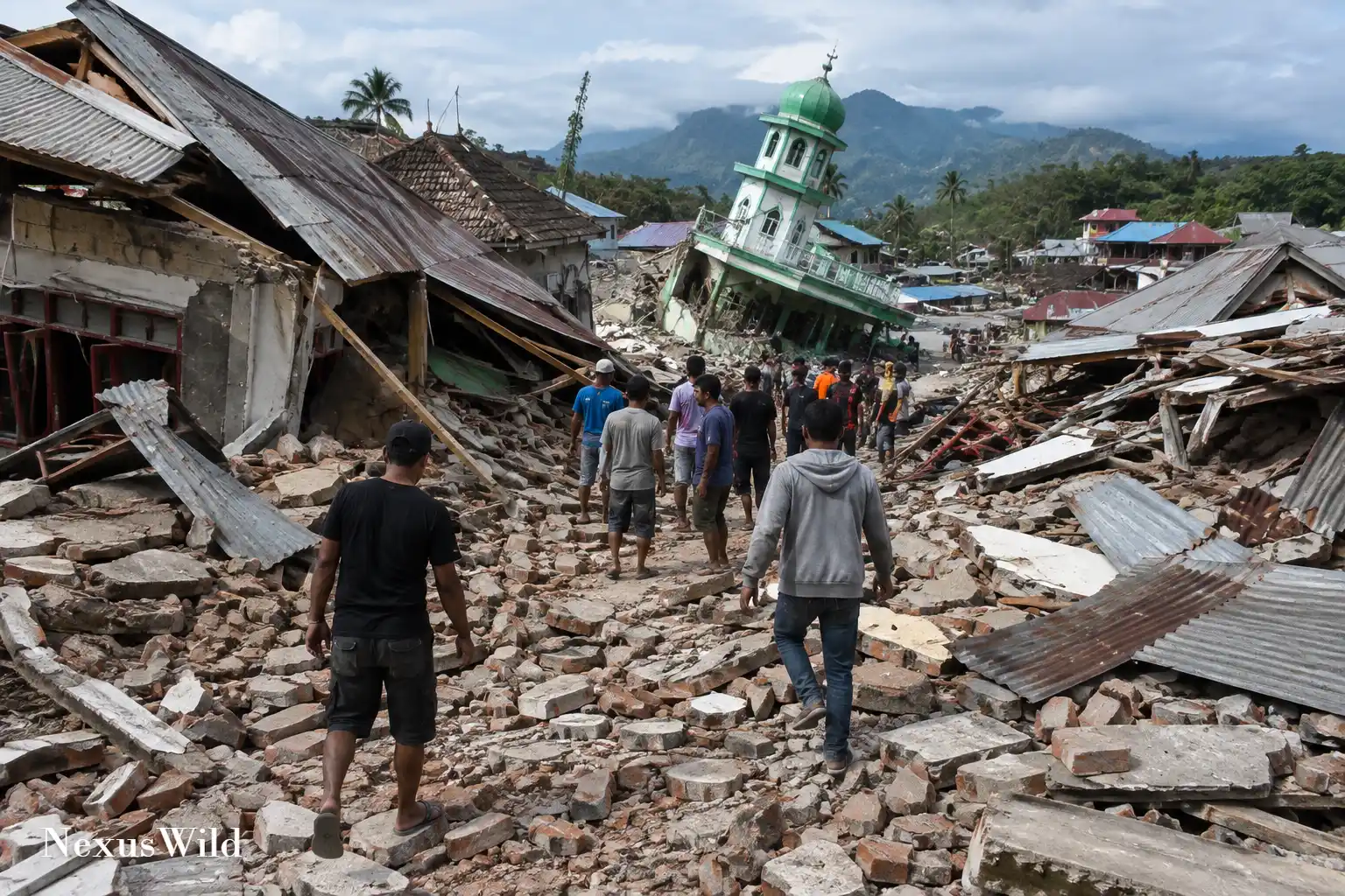 Aid workers distributing relief supplies in an earthquake-affected area of Indonesia.