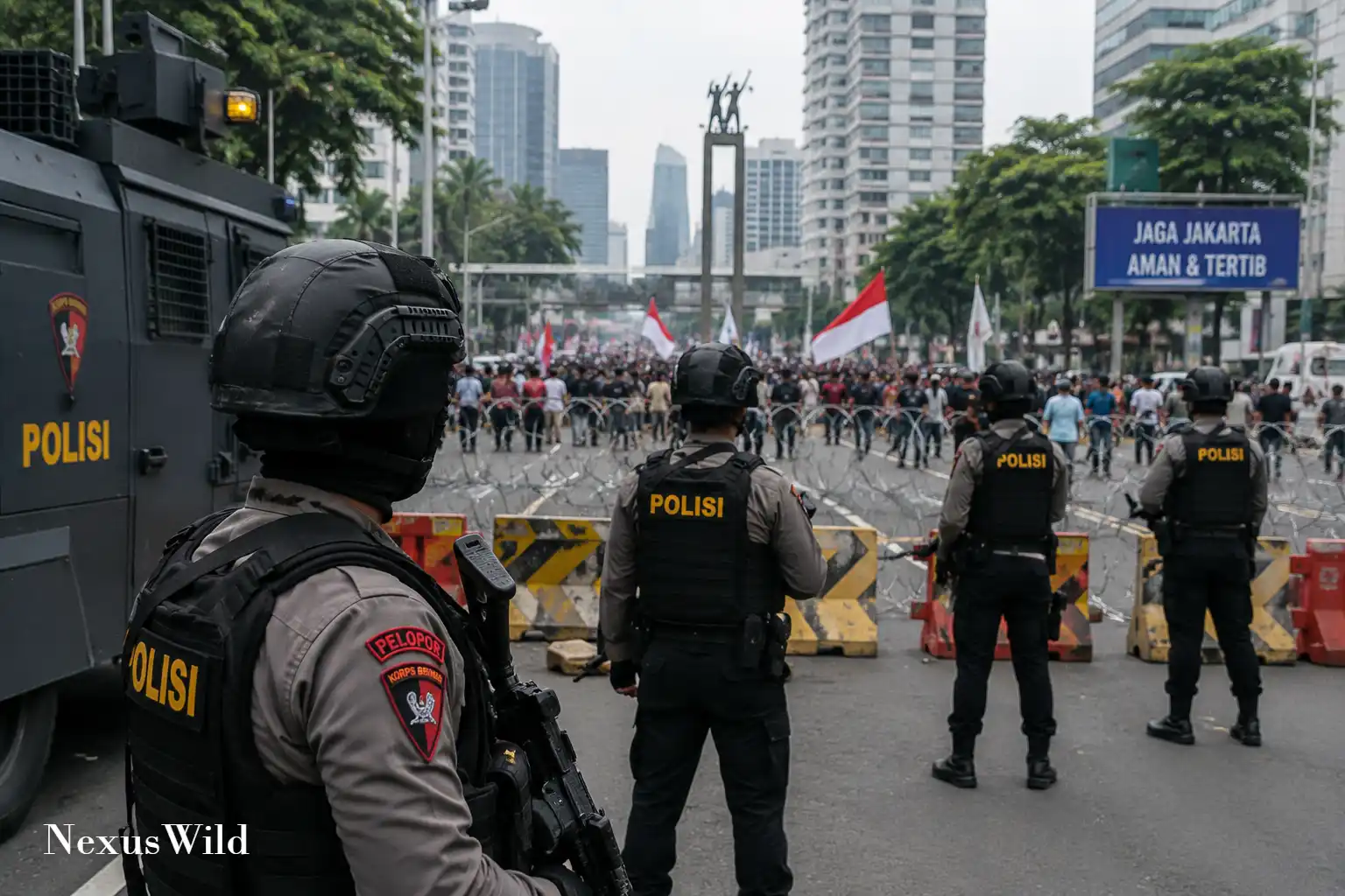 Indonesian police officers standing in formation during a security deployment.