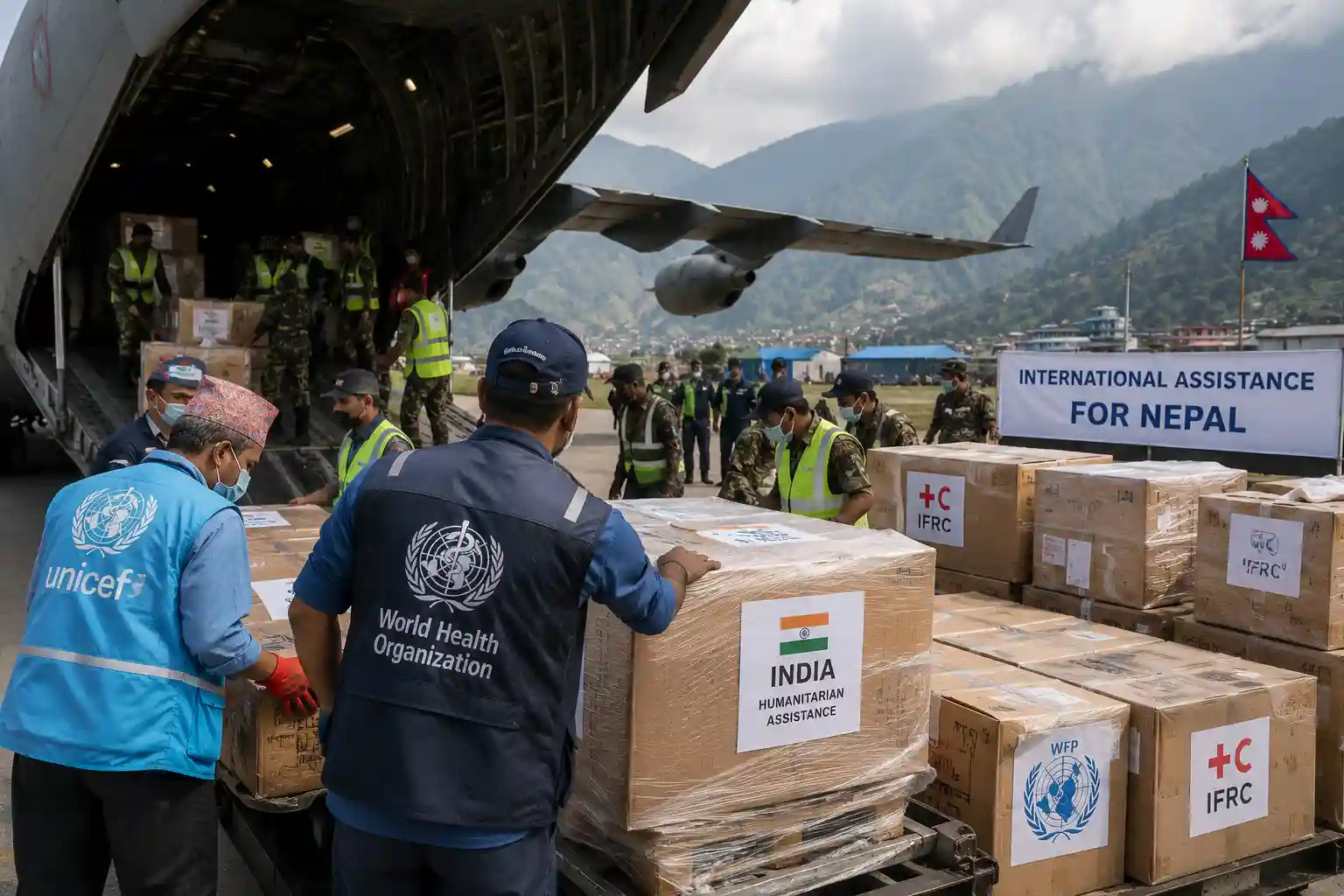 Relief supplies being unloaded from a military cargo aircraft to assist flood victims.