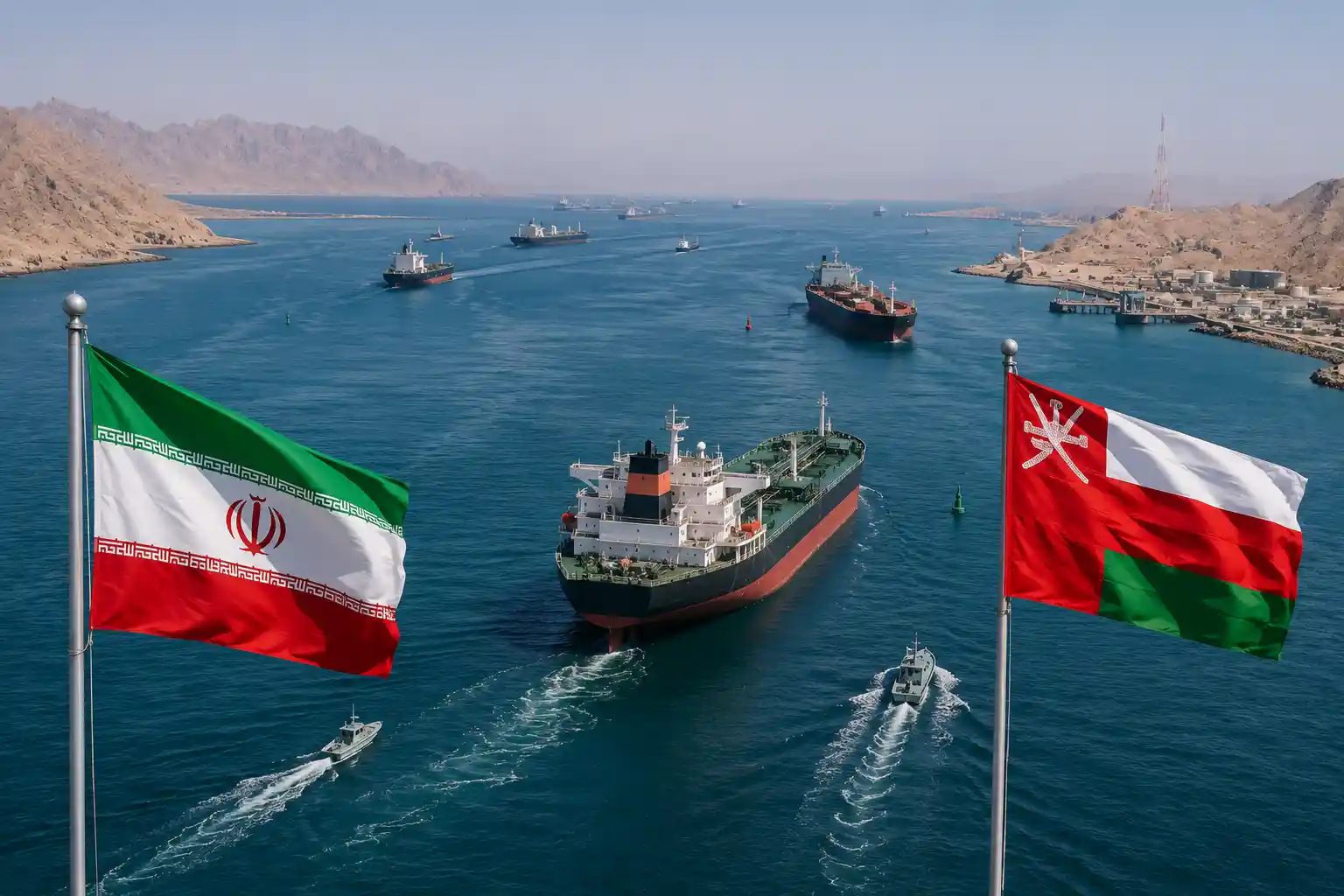 An oil tanker navigating through the waters of the Strait of Hormuz.