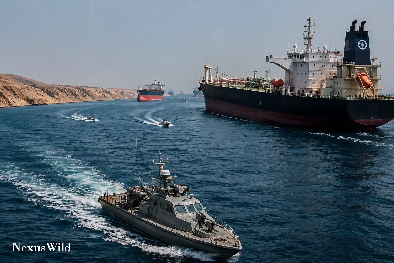 A commercial oil tanker navigating through a sea strait at sunset.